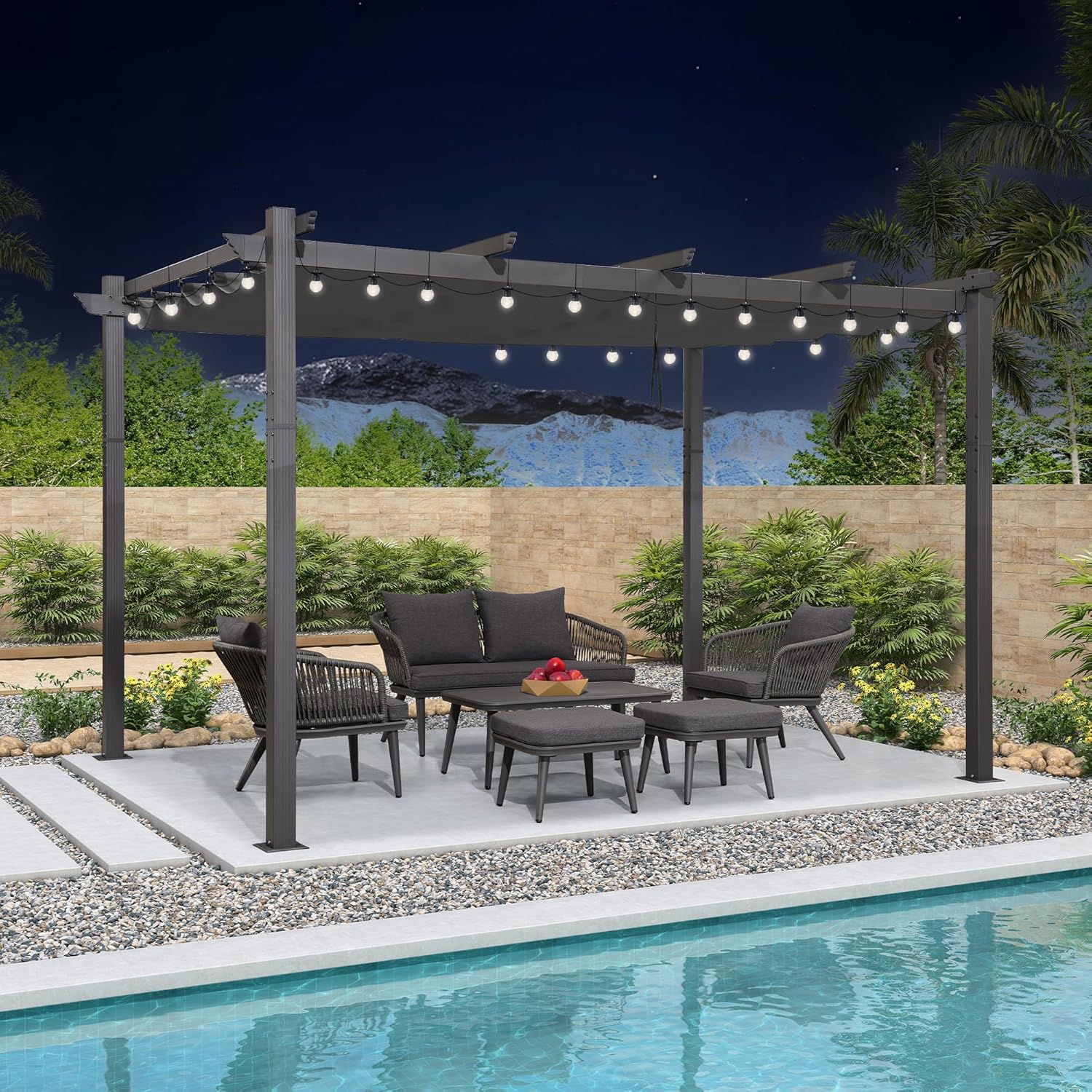 etezen - Pergola LED série - 4x3 m - aluminium, toit rétractable, tissu teinté