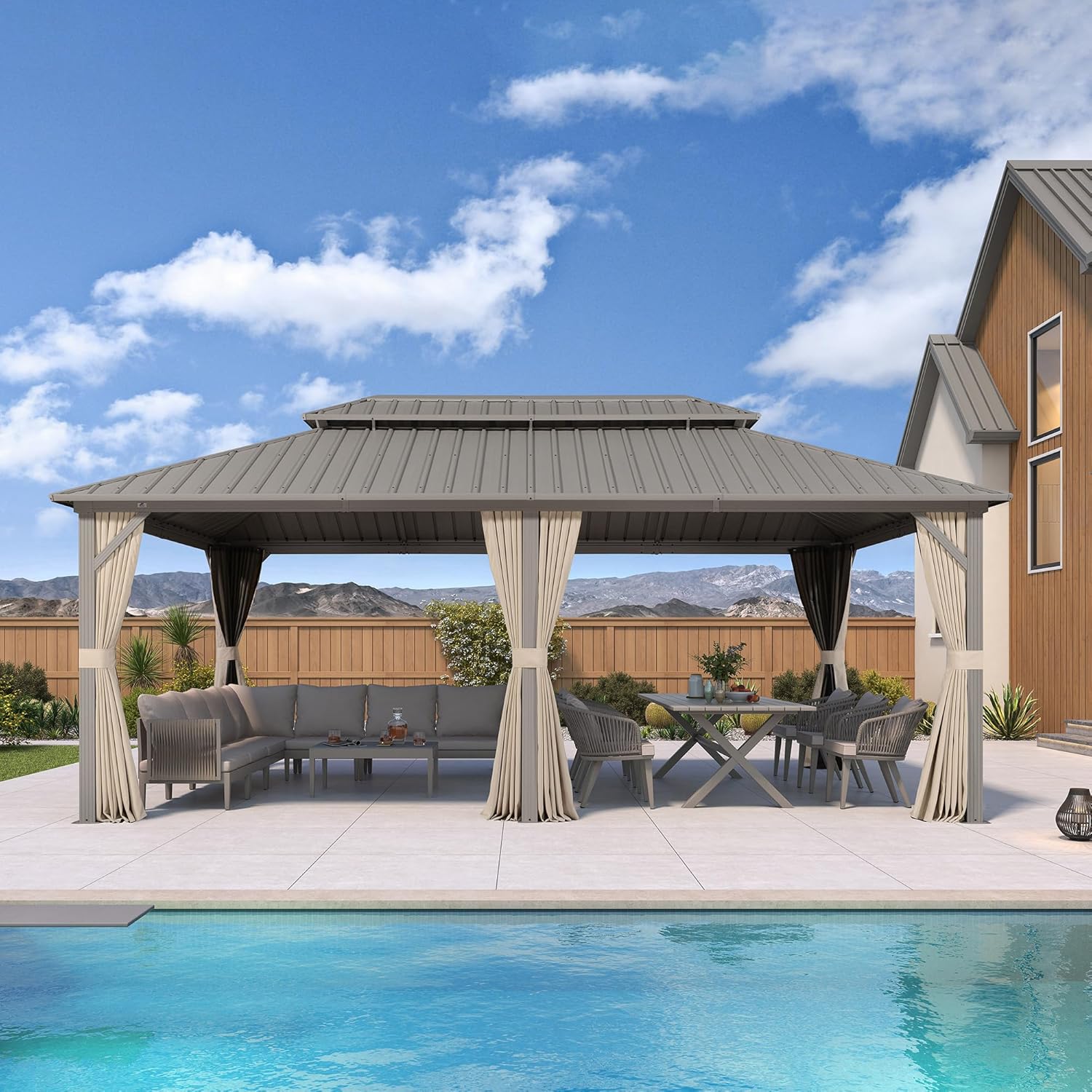 etezen - Pergola série Champagne - 6 x 3,65 m - aluminium, toit acier, moustiquaire et rideaux