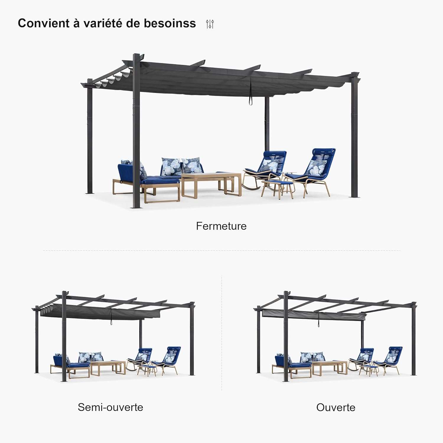 etezen - pergola aluminium - 4,8x3,5m - LED, toit rétractable, tissu mass teinté, structure résistante