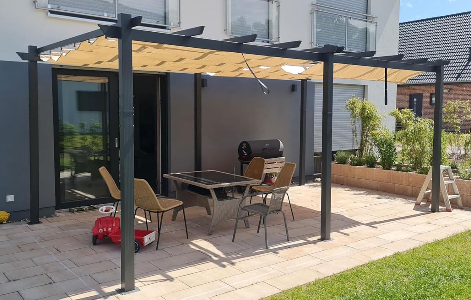 etezen - Pergola aluminium série - 5,5x3,5m - toit coulissant, tissu teint en fil, kaki