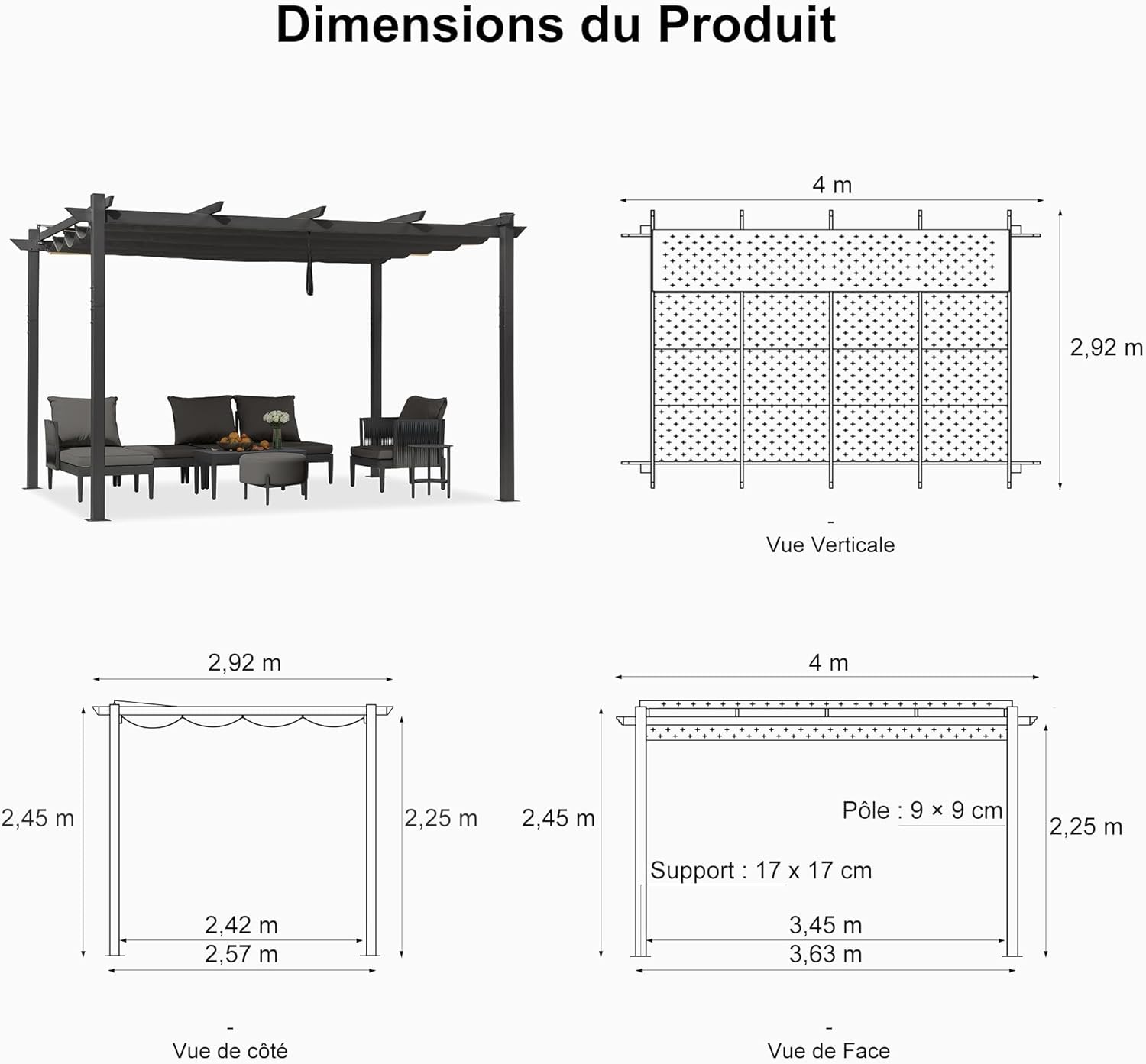 etezen - Pergola Aluminium - 4x3m - Rideau, toit rétractable, imperméable