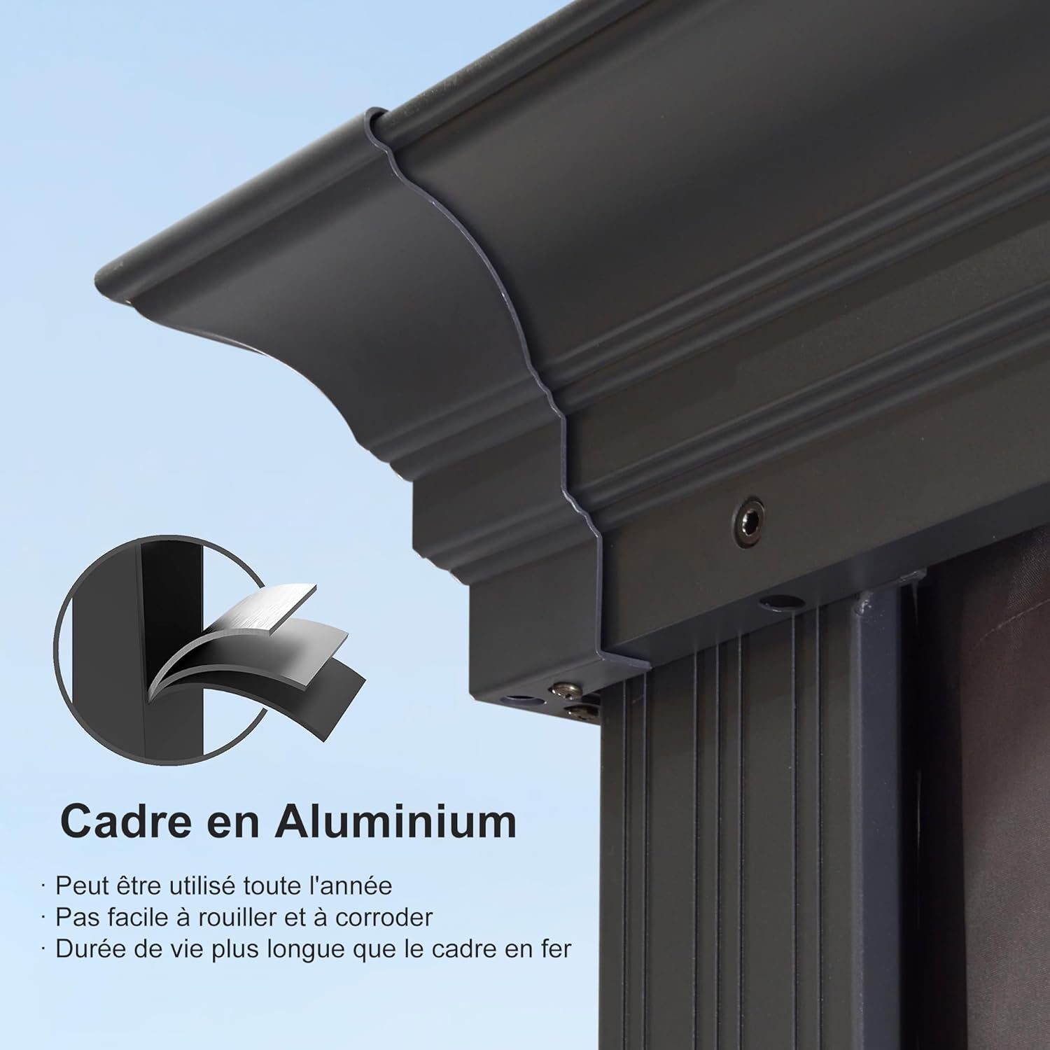 etezen - tonnelle aluminium - 4,25x3 m - éclairage, rideaux, gouttière, poteaux renforcés