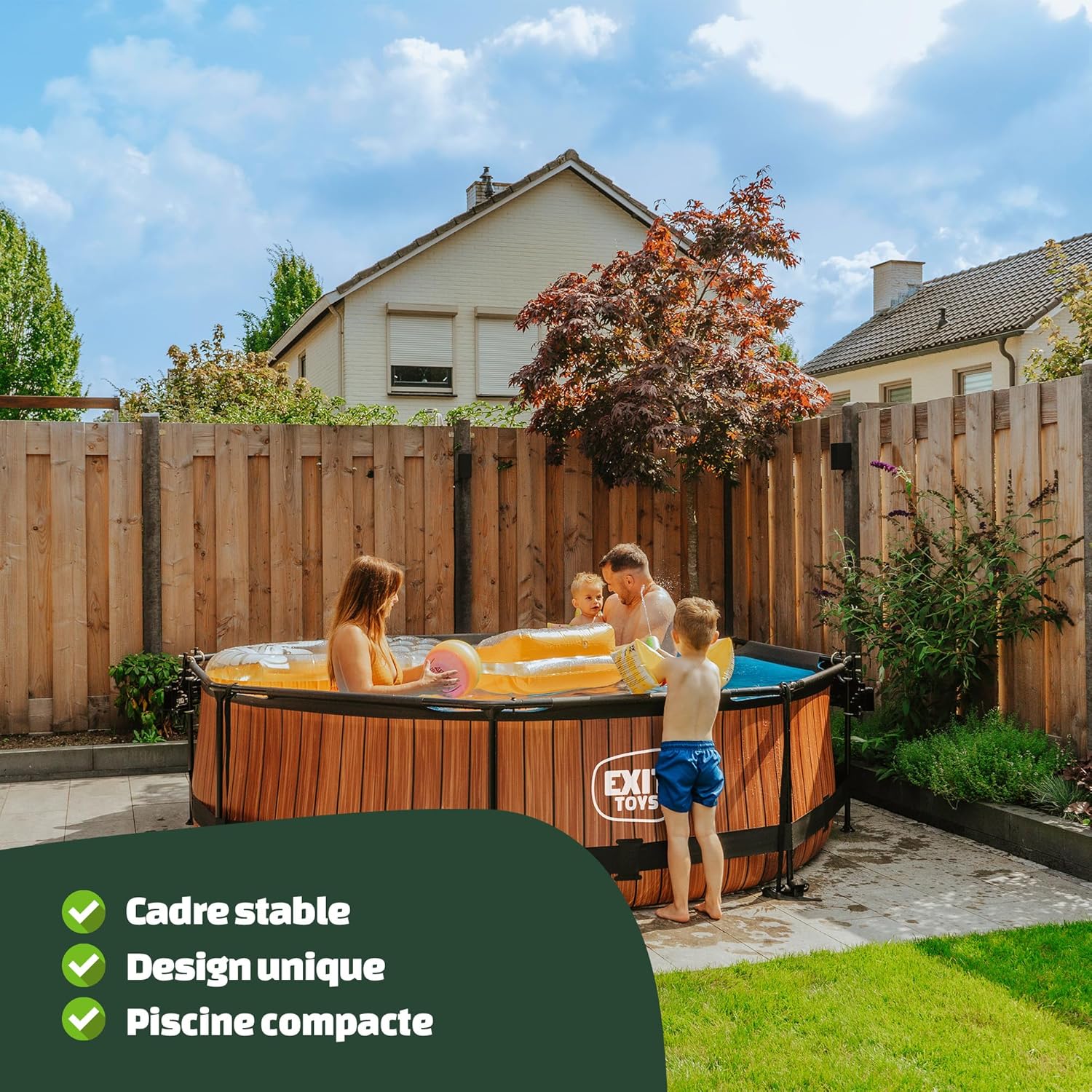 etezen Piscine Tubulaire Wood - ø300x76cm - Piscine Hors Sol Ronde avec Pompe Filtrante à Cartouche - Entrée Basse - Idéal pour Les Jeunes Enfants - Cadre Stable - Design Unique - Marron