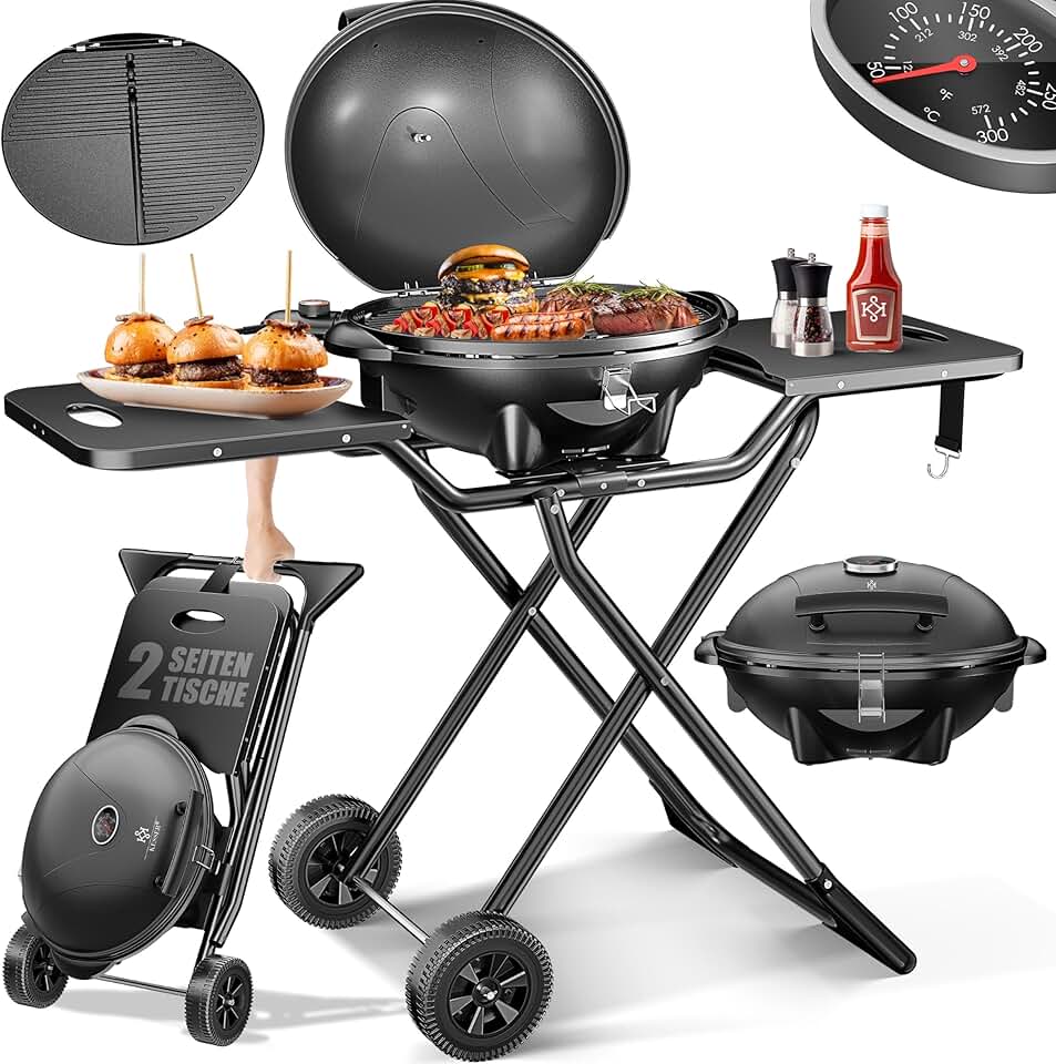 etezen - Gril électrique pliable, 2400W, couvercle, thermomètre, table