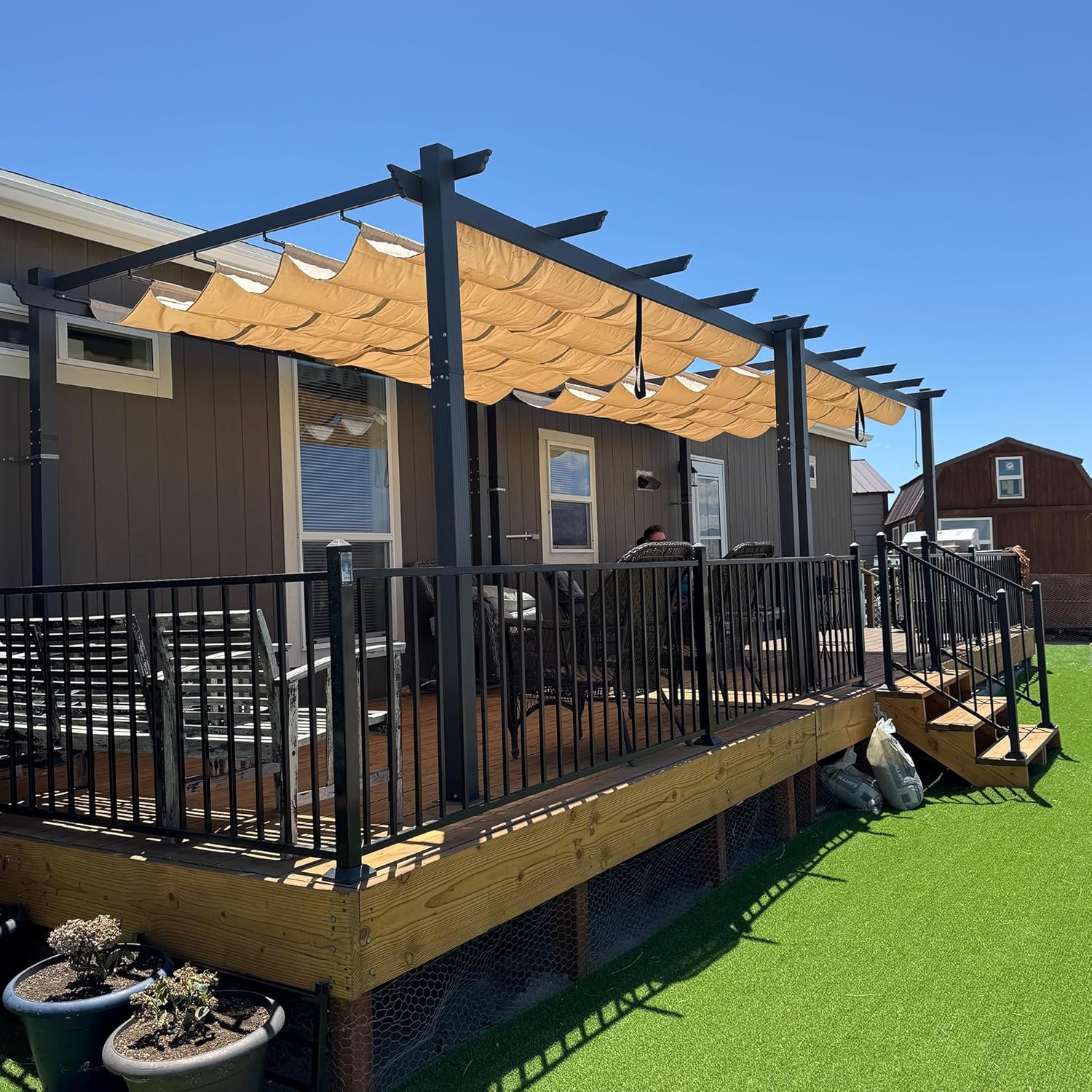 etezen - Pergola Aluminium - 4x3m - Toit coulissant, tissu kaki