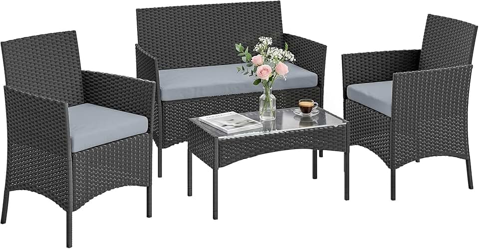 etezen - Salon de Jardin 4 pers - résine tressée, coussins, table verre, gris