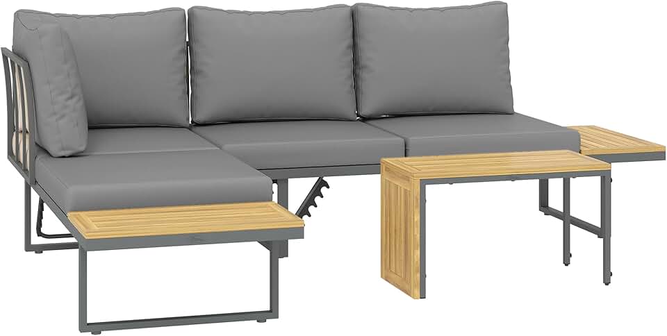 etezen - salon de jardin bois acacia 6 places modulable - coussins, dossier ajustable, gris