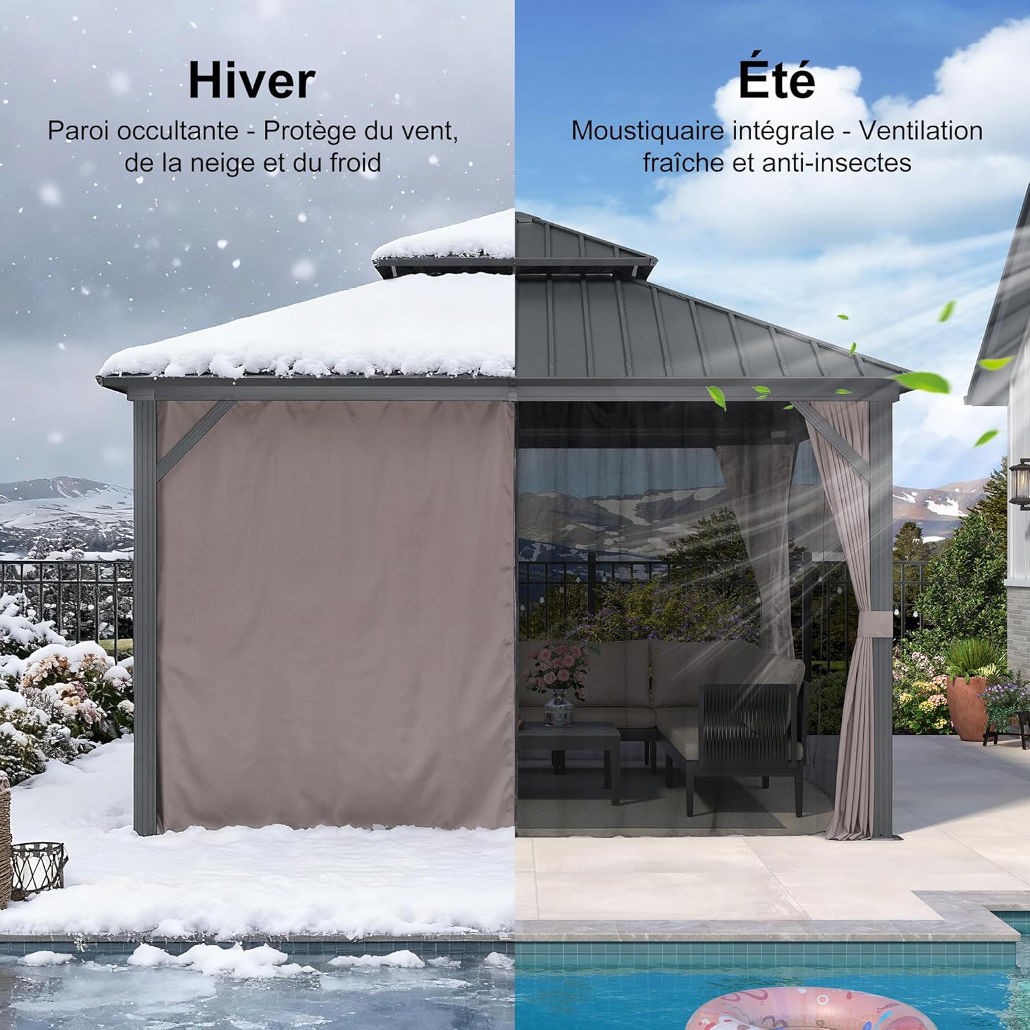 etezen Tonnelle de Jardin Extérieur 3,65 x 3,65 m avec Guirlande Lumineuse, Pavillon Aluminium à Double Toit en Acier Galvanisé, Pergola Jardin Extérieur avec Rideaux pour Fête, Barbecue, Gris