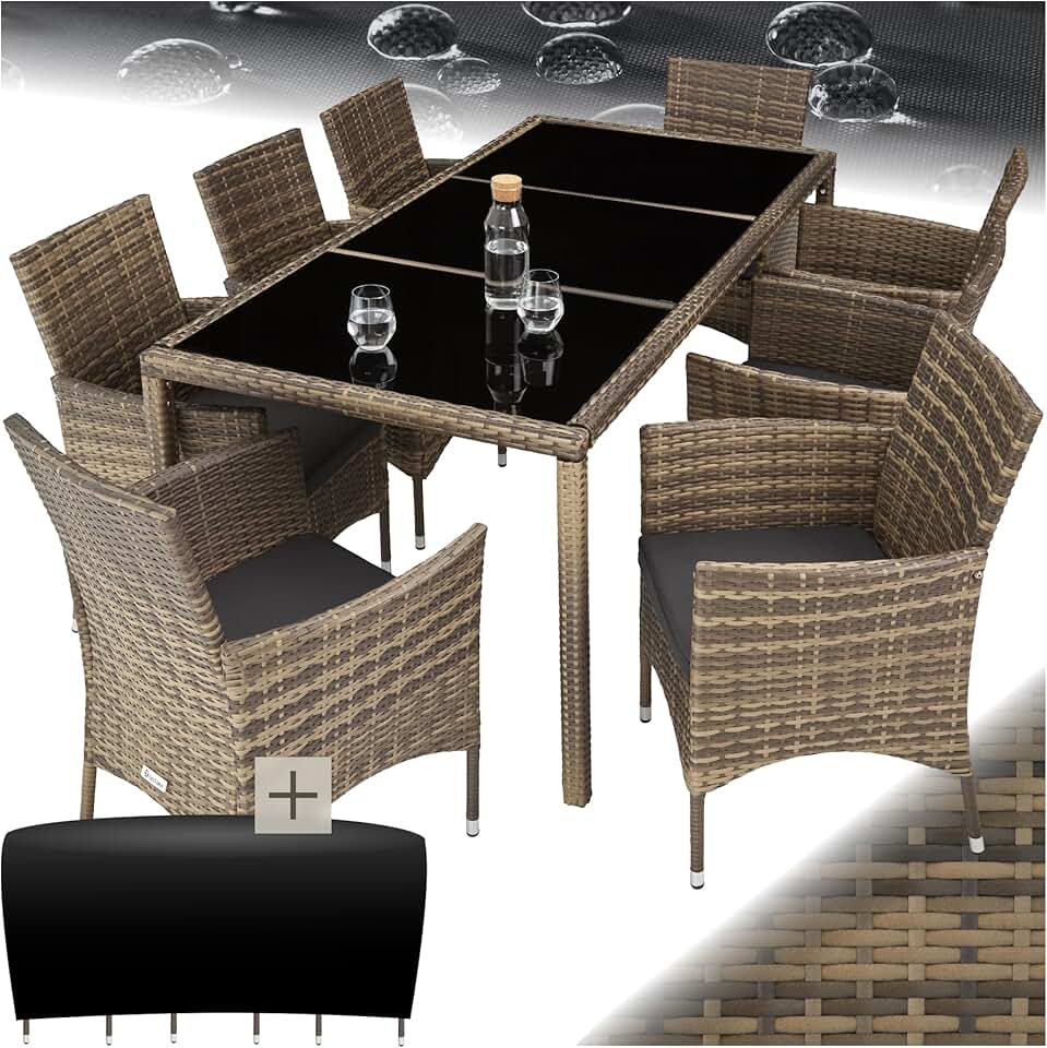 etezen - Salon de jardin rotin, 8 fauteuils, table, housse, confort, marron naturel/gris foncé