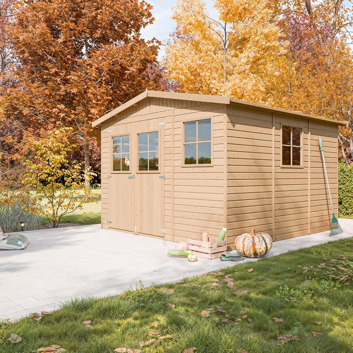 ABRI de Jardin en Bois Exterieur avec Les PLANCHERS IMPRÉGNÉ - Cabane de Jardin en Pin/épicéa- H226x316x324 cm/9 m²-Construction de Panneaux- Rangement pour vélos, Remise à Outils- etezen M335+M335G