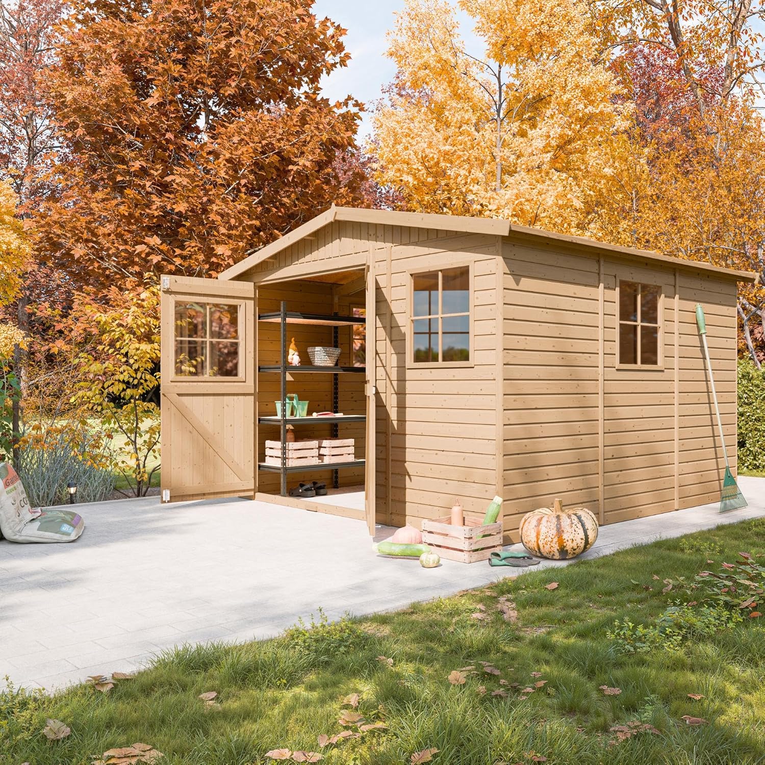 Abri de Jardin en Bois Naturel - Stockage extérieur avec fenêtres- H226x316x324 cm/9 m² Hangar en Bois Naturel - Atelier Rangement Outils et vélos- etezen M335
