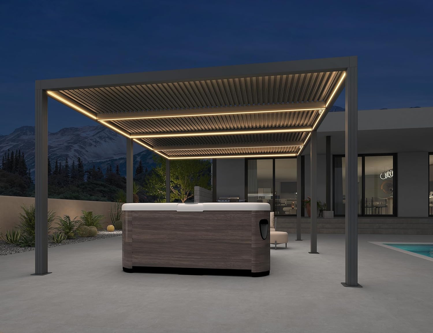 etezen - Pergola bioclimatique - 6 x 3,68 m - alu, LED, gouttières, gris