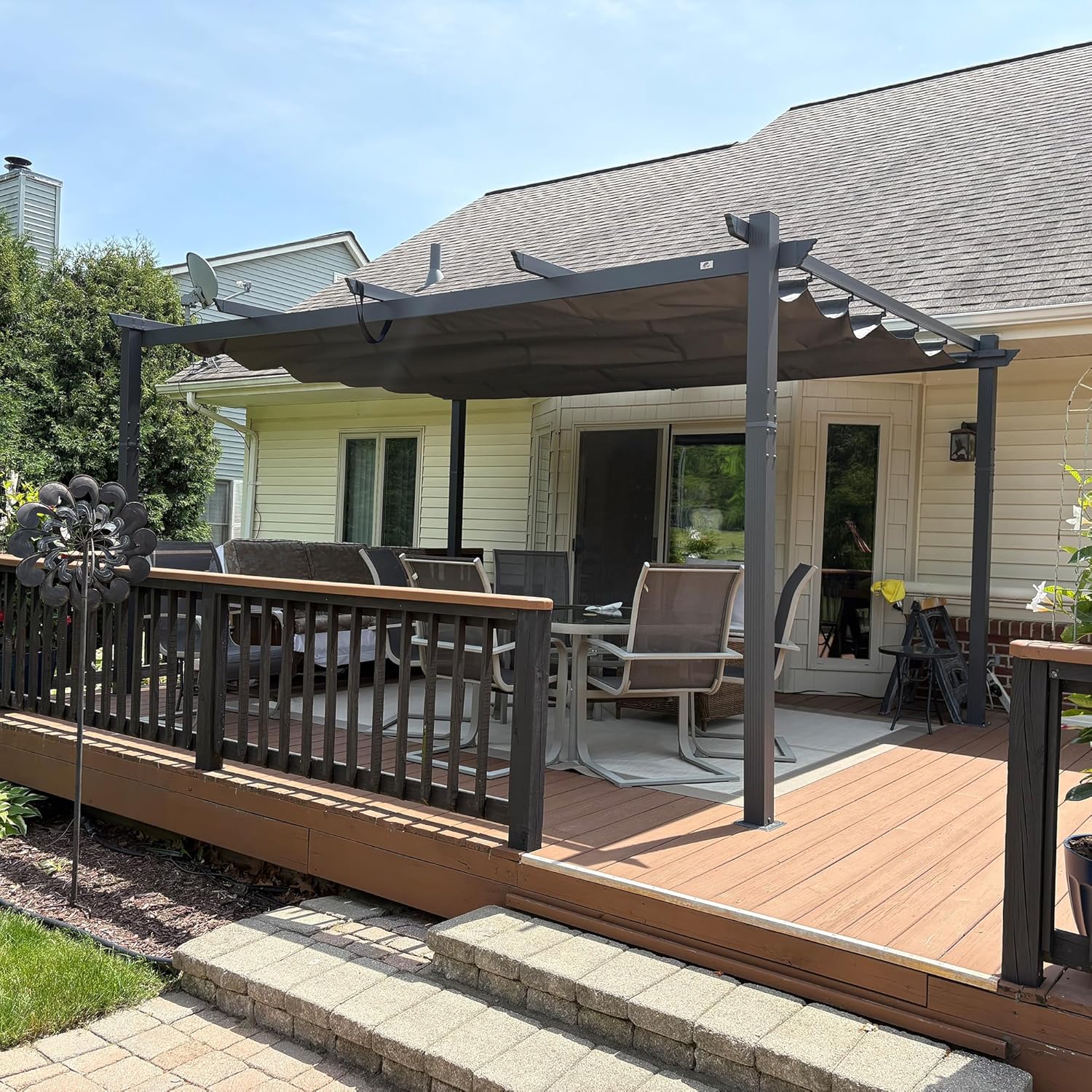 etezen - Pergola aluminium - 4,8x3,5m - toit coulissant, tissu teint en fil, gris
