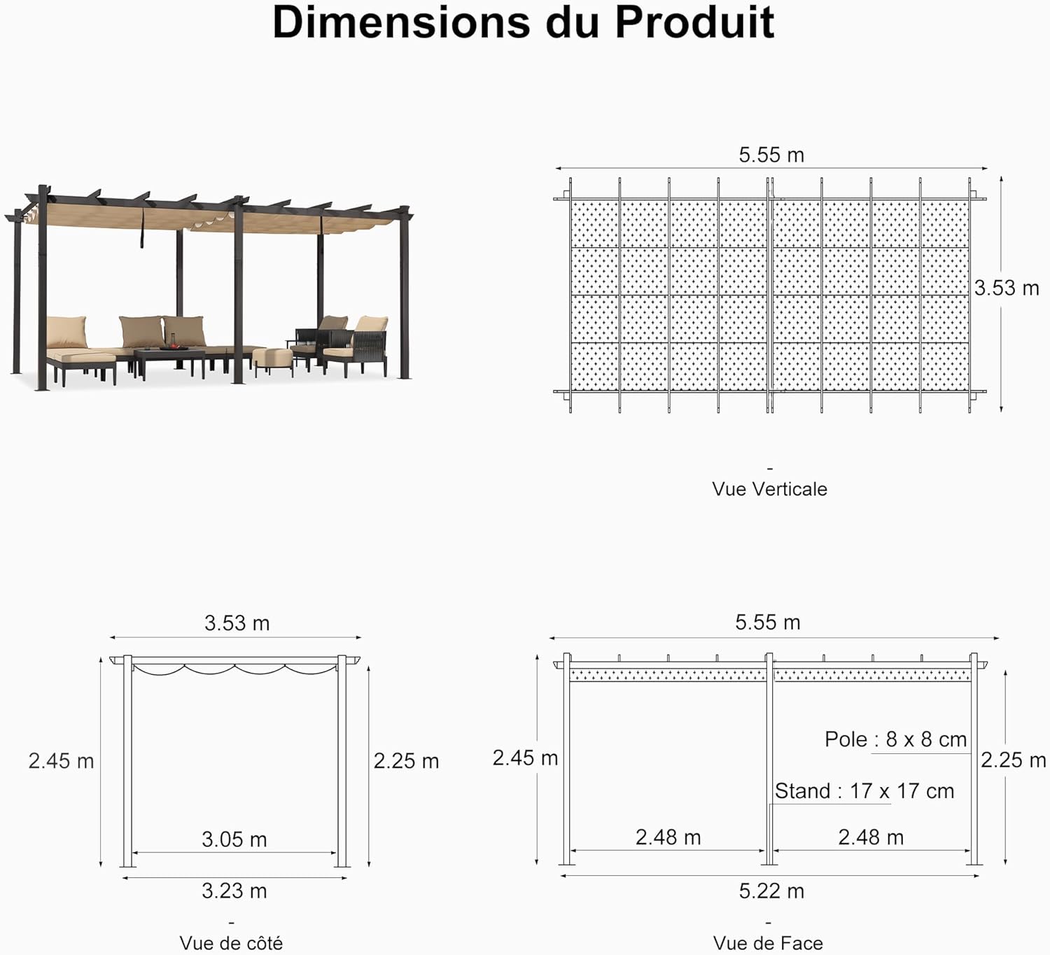 etezen - pergola aluminium 5,5x3,5m toit rétractable LED kaki