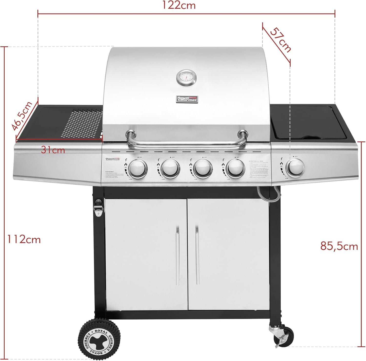 etezen - Barbecue Gaz 4+1 brûleurs inox - 14,5kW - 2 portes, thermomètre, roues directionnelles