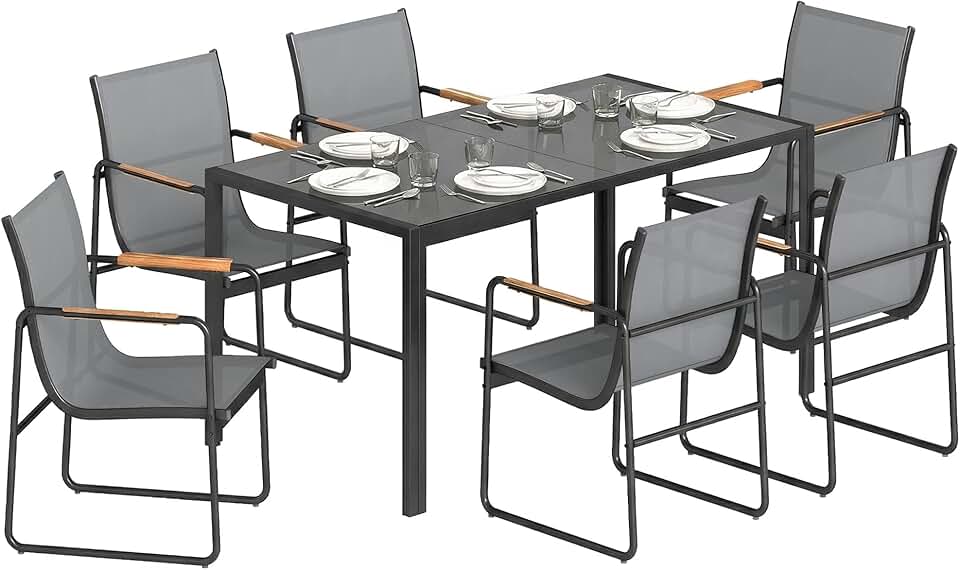 etezen - Ensemble salle à manger 6 places - table verre, structure acier - gris