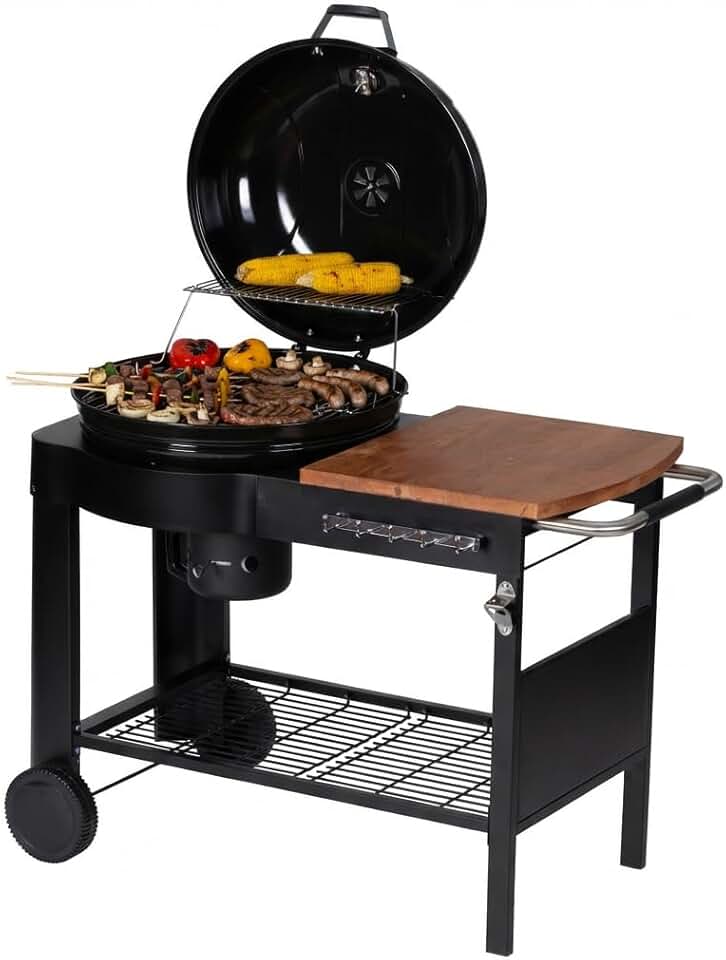 etezen - Barbecue Calgary - acier/bois - couvercle thermomètre, tablettes, 2 roues, noir