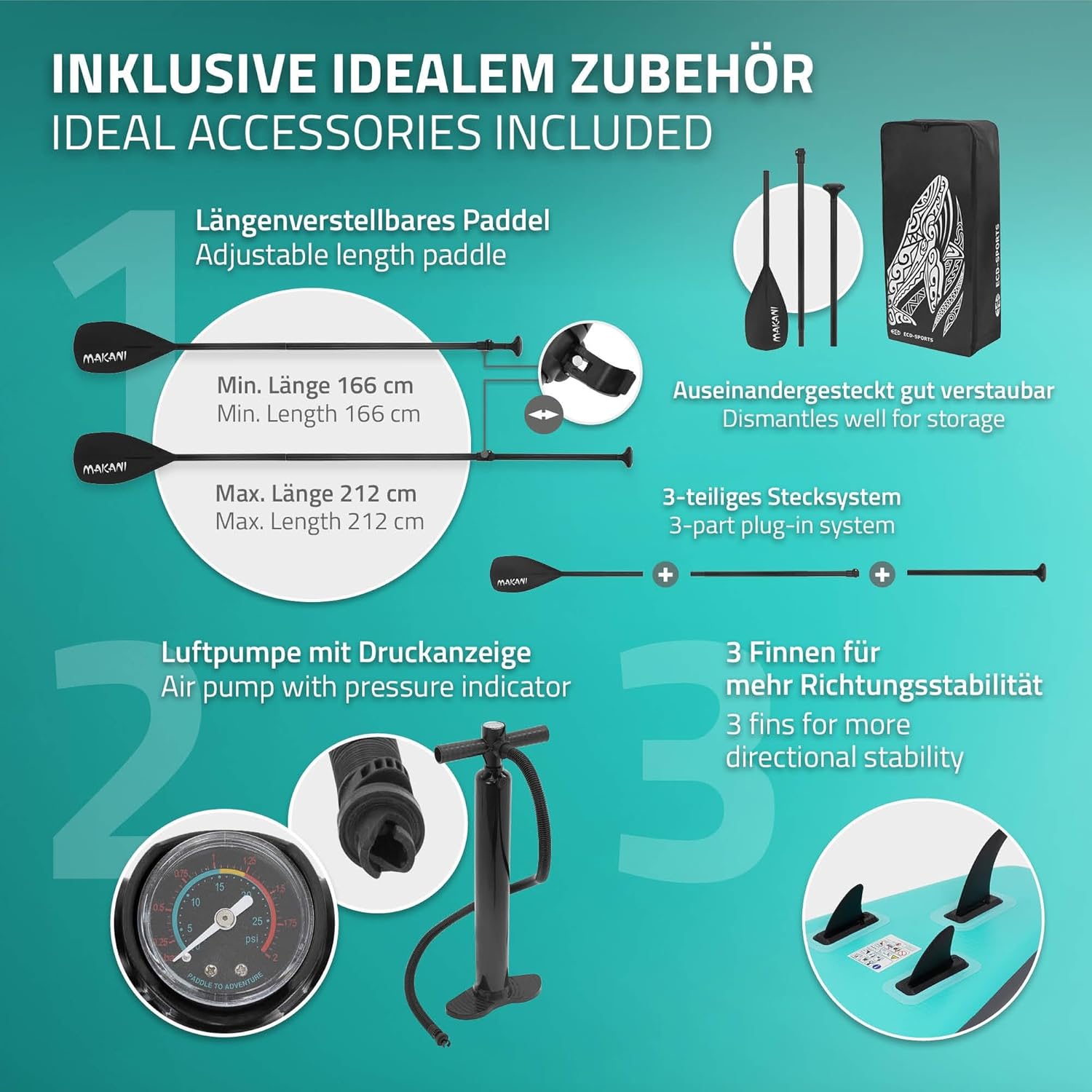 etezen - Stand Up Paddle Board - 305/308/320/380 cm - PVC, jusqu’à 150 kg, 10/15 cm, sac, pompe