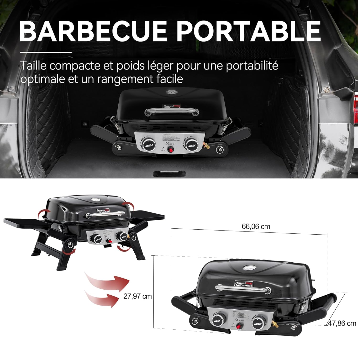 etezen - Barbecue Gaz 2 brûleurs - 48x37 cm - tables pliables, 5kW