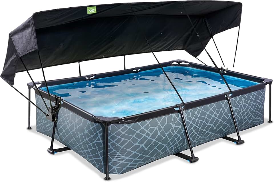 etezen Piscine Stone avec Voile d'Ombrage - 300x200x65cm - Piscine Hors Sol Rectangulaire avec Pompe Filtrante à Cartouche - Protection Optimale Contre Les Rayons UV - Entrée Basse - Gris