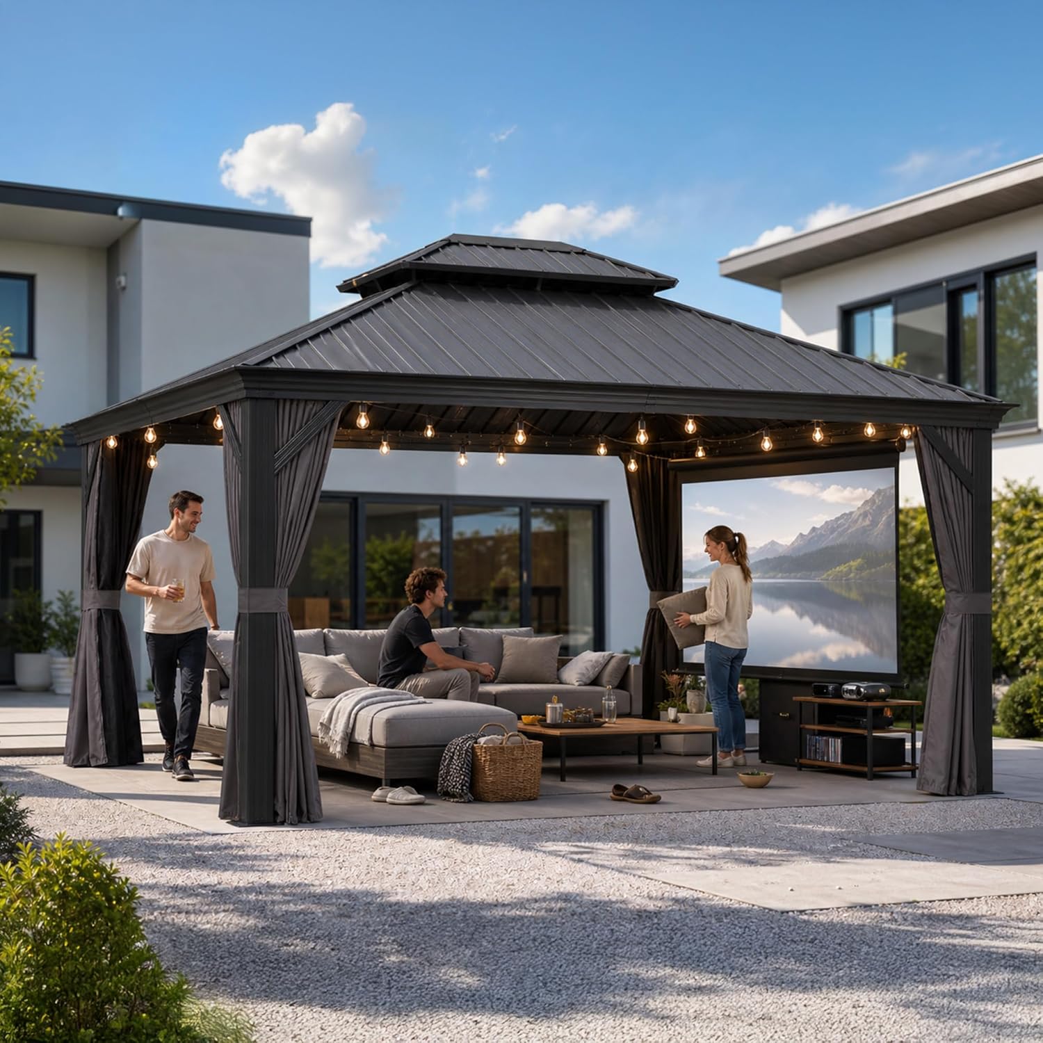 etezen - tonnelle jardin - 4,25x3,65m - toit acier, moustiquaire, rideaux, poteaux renforcés