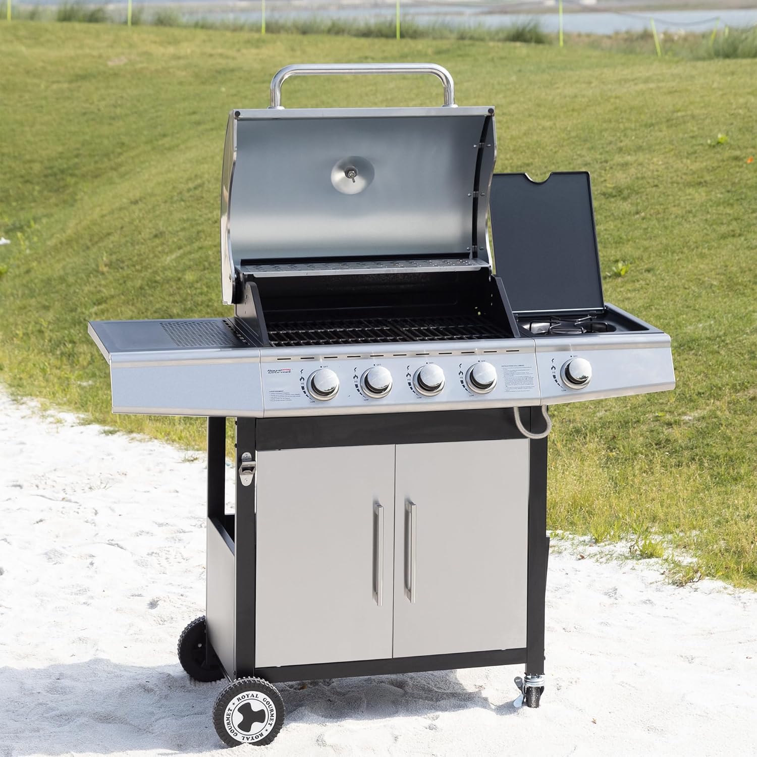 etezen - Barbecue Gaz 4+1 brûleurs inox - 14,5kW - 2 portes, thermomètre, roues directionnelles