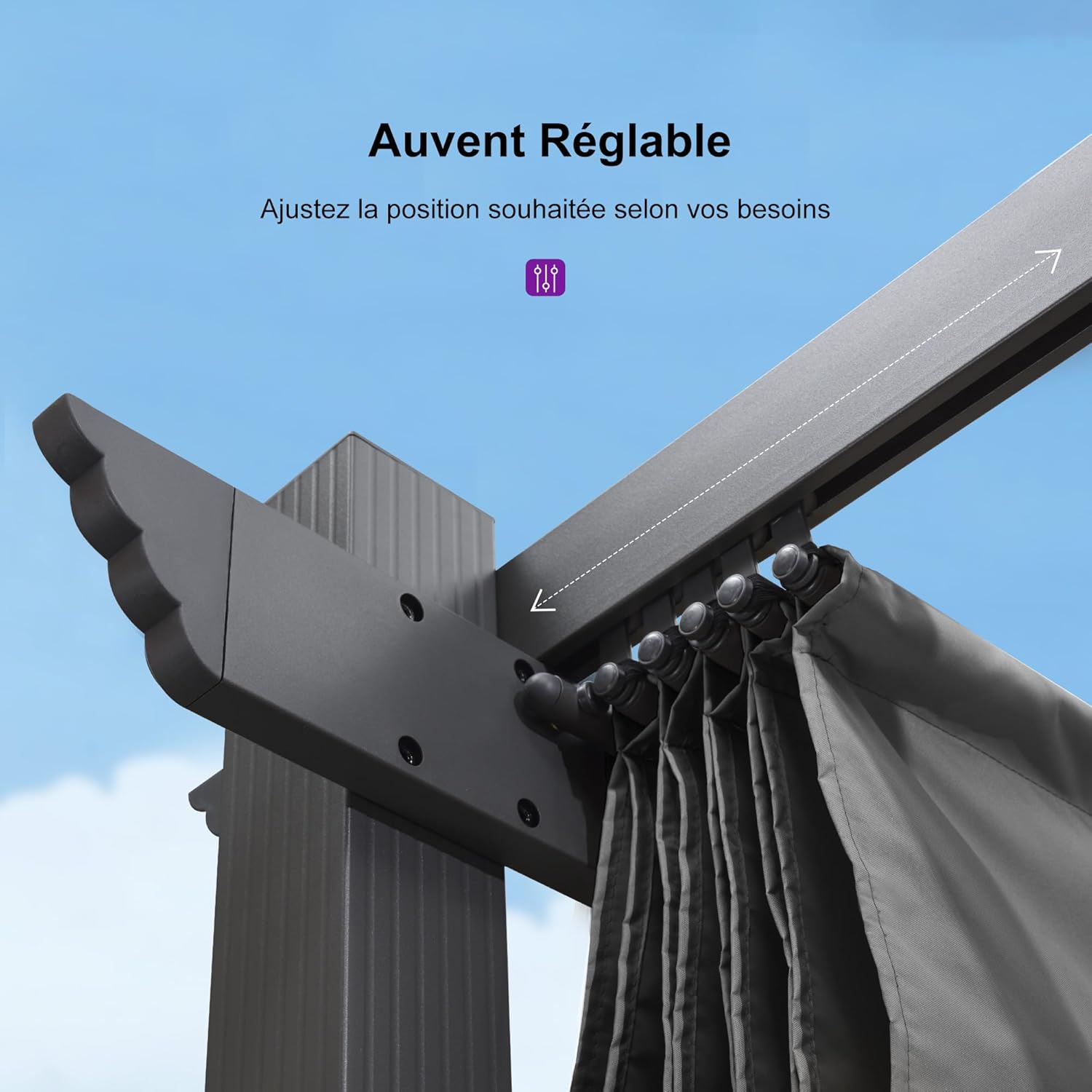 etezen - Pergola murale série aluminium 4x2,7m toit coulissant, tissu teint, gris