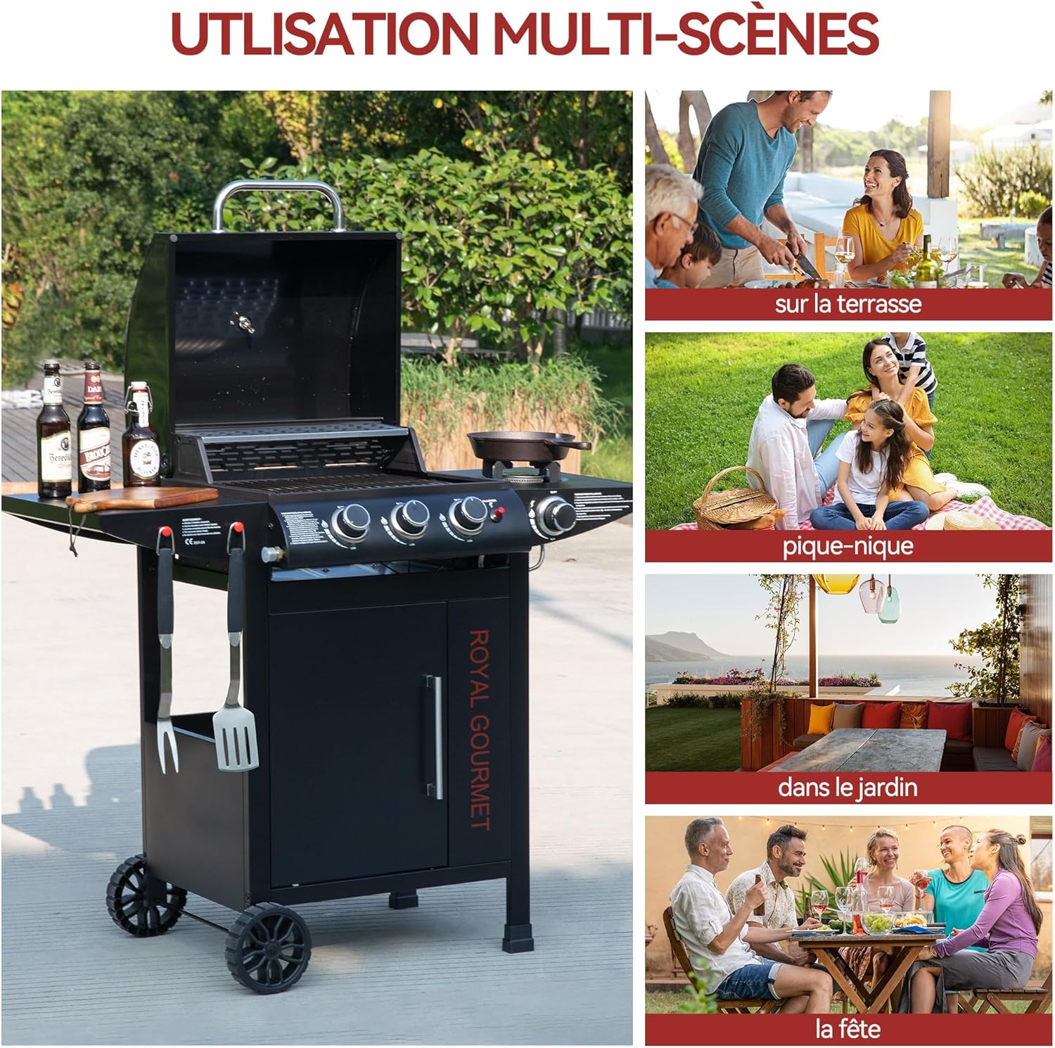 etezen - barbecue gaz 3+1 brûleurs inox - 11,5 kW - chariot, 2 roues, thermomètre
