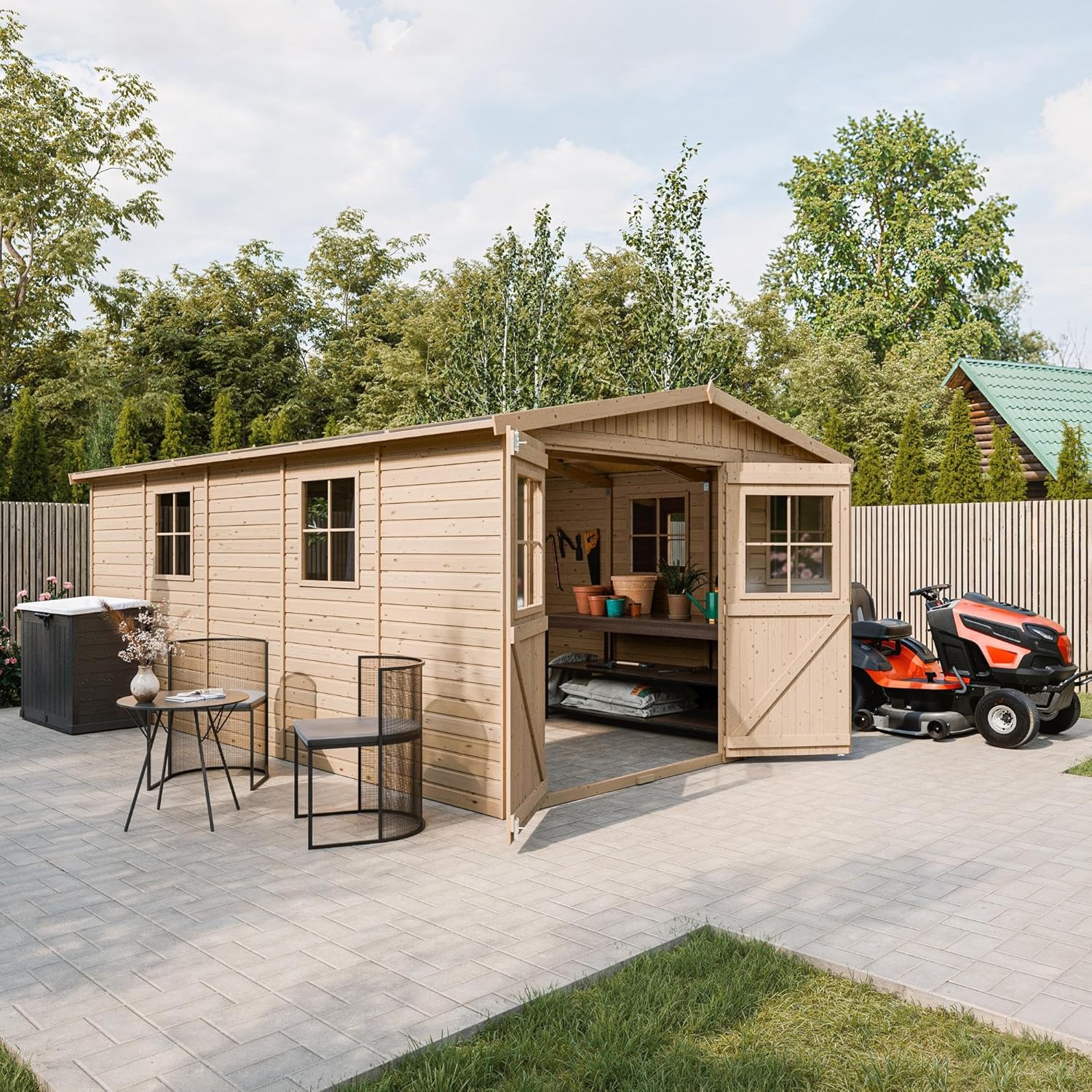 Abri de Jardin en Bois Naturel - Stockage extérieur avec fenêtres- H226x324x516 cm/15 m² Hangar en Bois Naturel - Atelier Rangement Outils et vélos- etezen M337