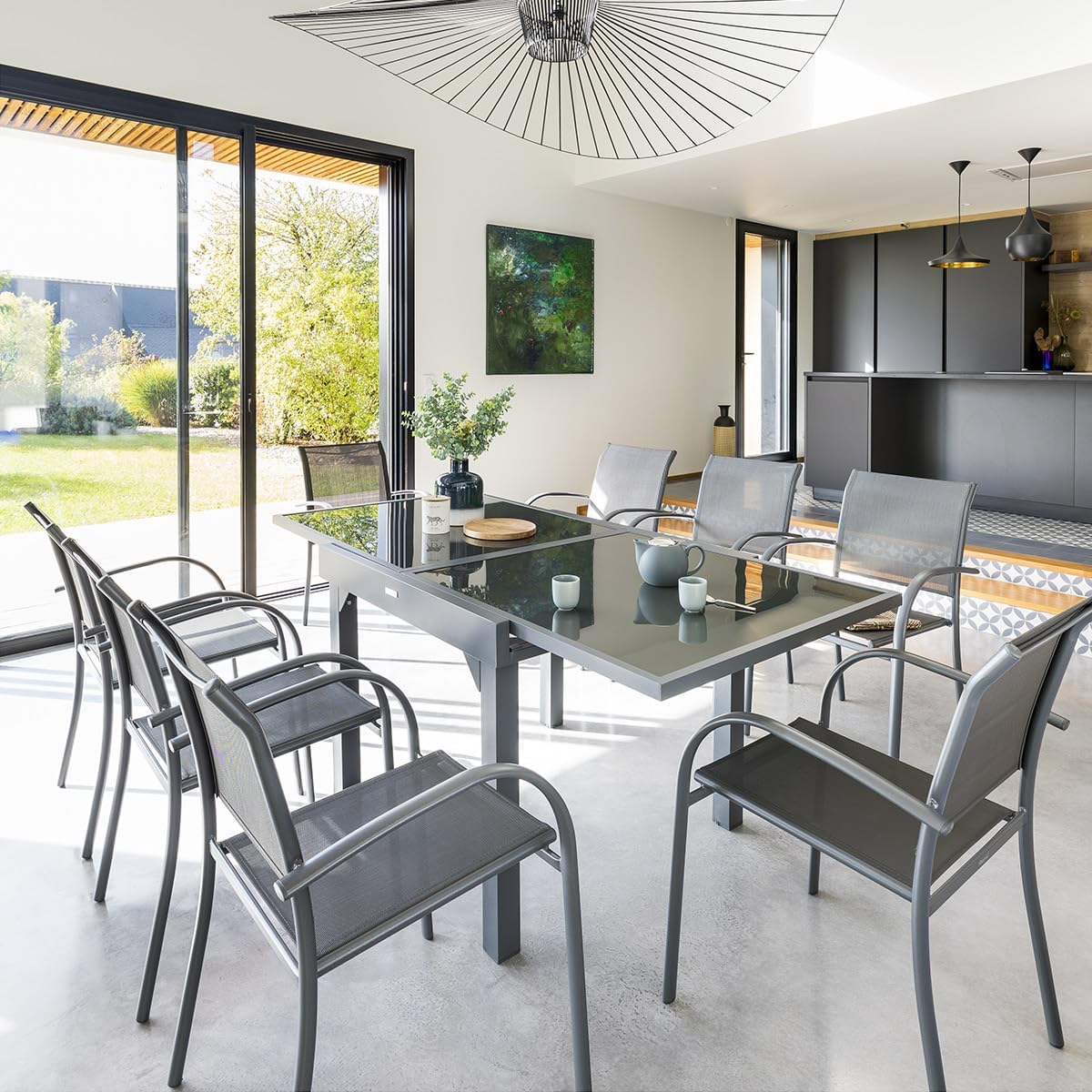 etezen - Table Piazza Gris Graphite extensible 8 places - Aluminium anti-rouille, verre trempé, rallonge coulissante.
