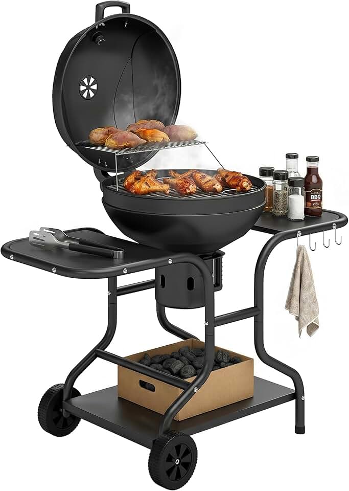 etezen - barbecue rond extérieur - 66x55x98cm - couvercle, roues, thermomètre