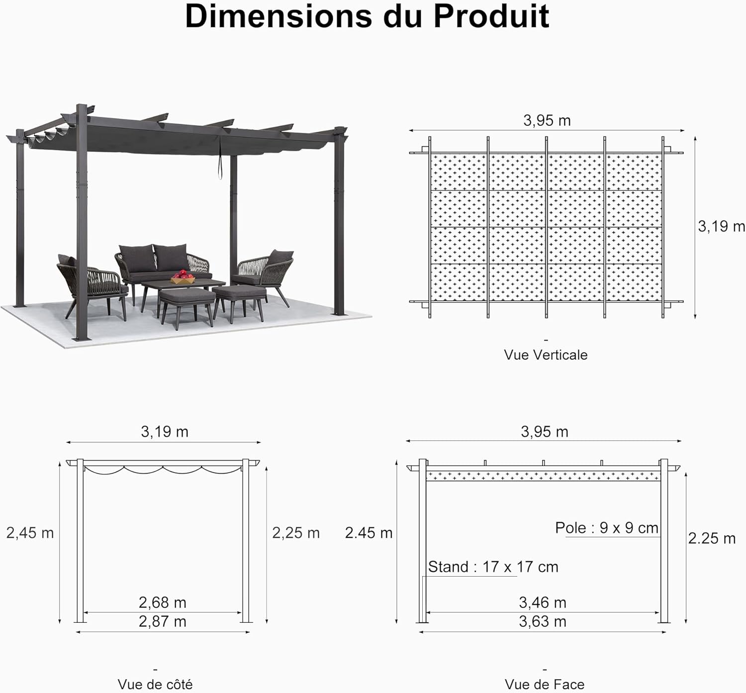 etezen - pergola aluminium - 4 x 3,2 m - toit coulissant, tissu teint, gris