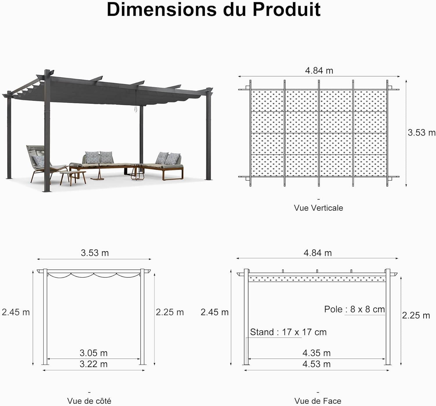 etezen - pergola aluminium - 4,8x3,5m - LED, toit rétractable, tissu mass teinté, structure résistante