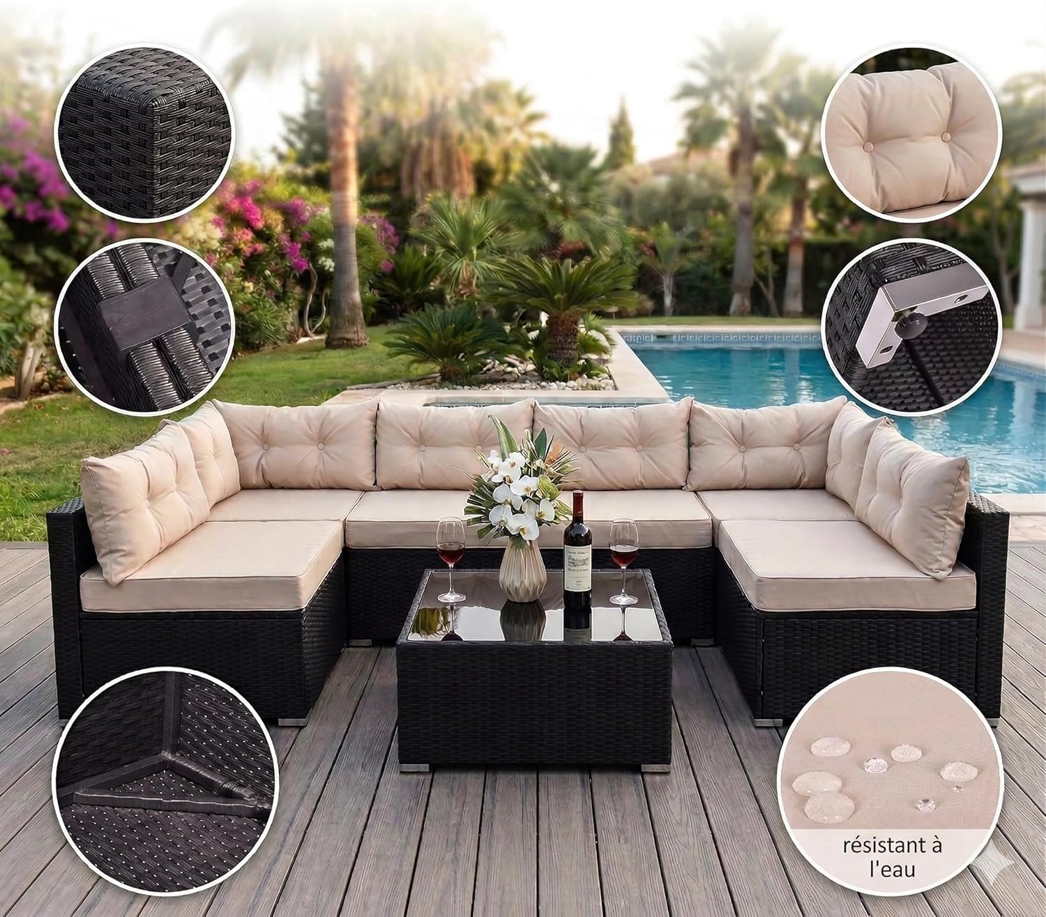 etezen - NACULA - Salon de jardin 5 places, résine tressée, coussins beige, table basse verre, extérieur