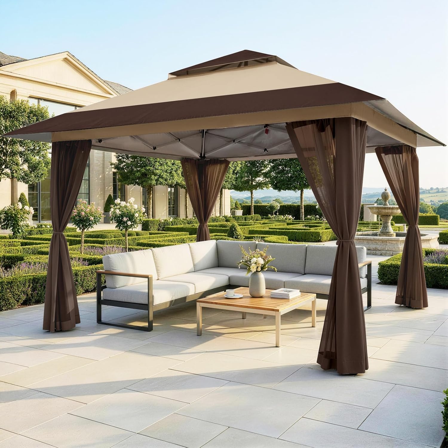 etezen Tonnelle de Jardin 4 x 4 m, Pop Up Gezebo Exterieur Imperméable, Abri de Jardin Réglable en Hauteur, Double Toit avec Côtés en Maille Zippée, Sac de Transport, Beige