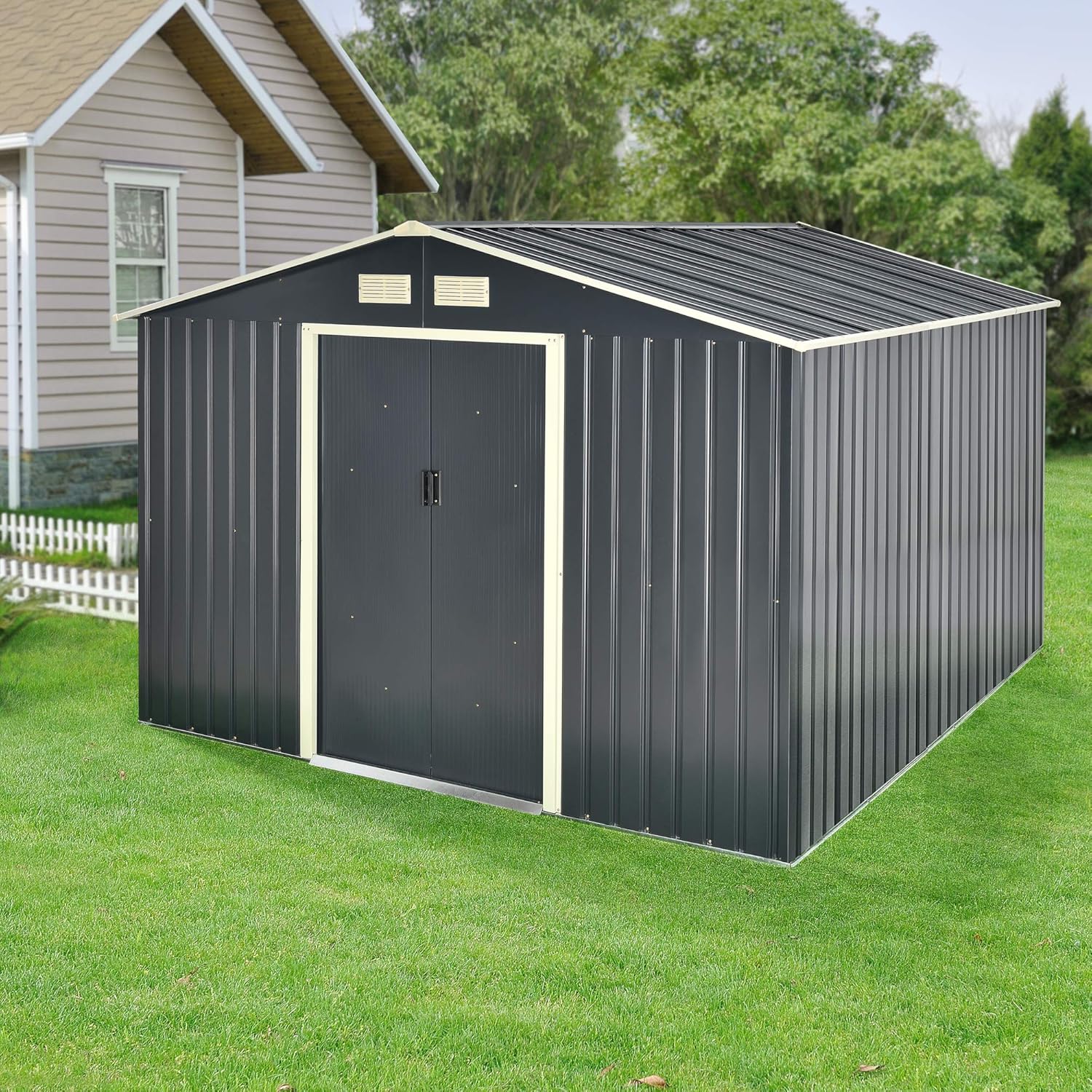 etezen Abri de Jardin 15 m³ Robuste Cabane de Stockage Extérieur Cabane à Outils Toit à Pignon Tôles en Acier Galvanisées Gris Foncé