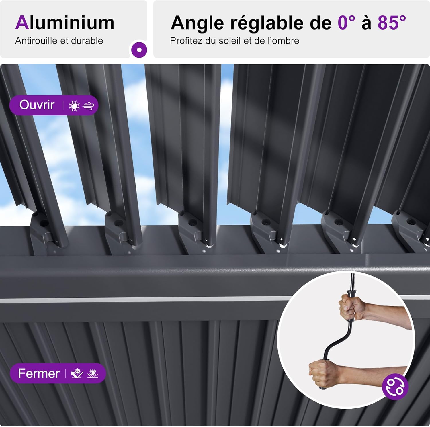 etezen - Pergola bioclimatique - 4x6m - alu lames LED gris
