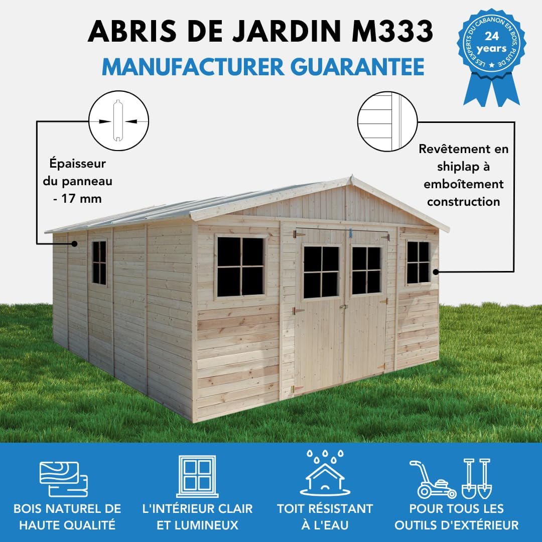 Abri de Jardin en Bois Exterieur avec Les PLANCHERS IMPRÉGNÉ- Maison de Jardin en Pin/épicéa-H246x418x522 cm/20 m²-Construction de Panneaux- Rangement pour vélos, Remise à Outils-etezen M333 +M333G