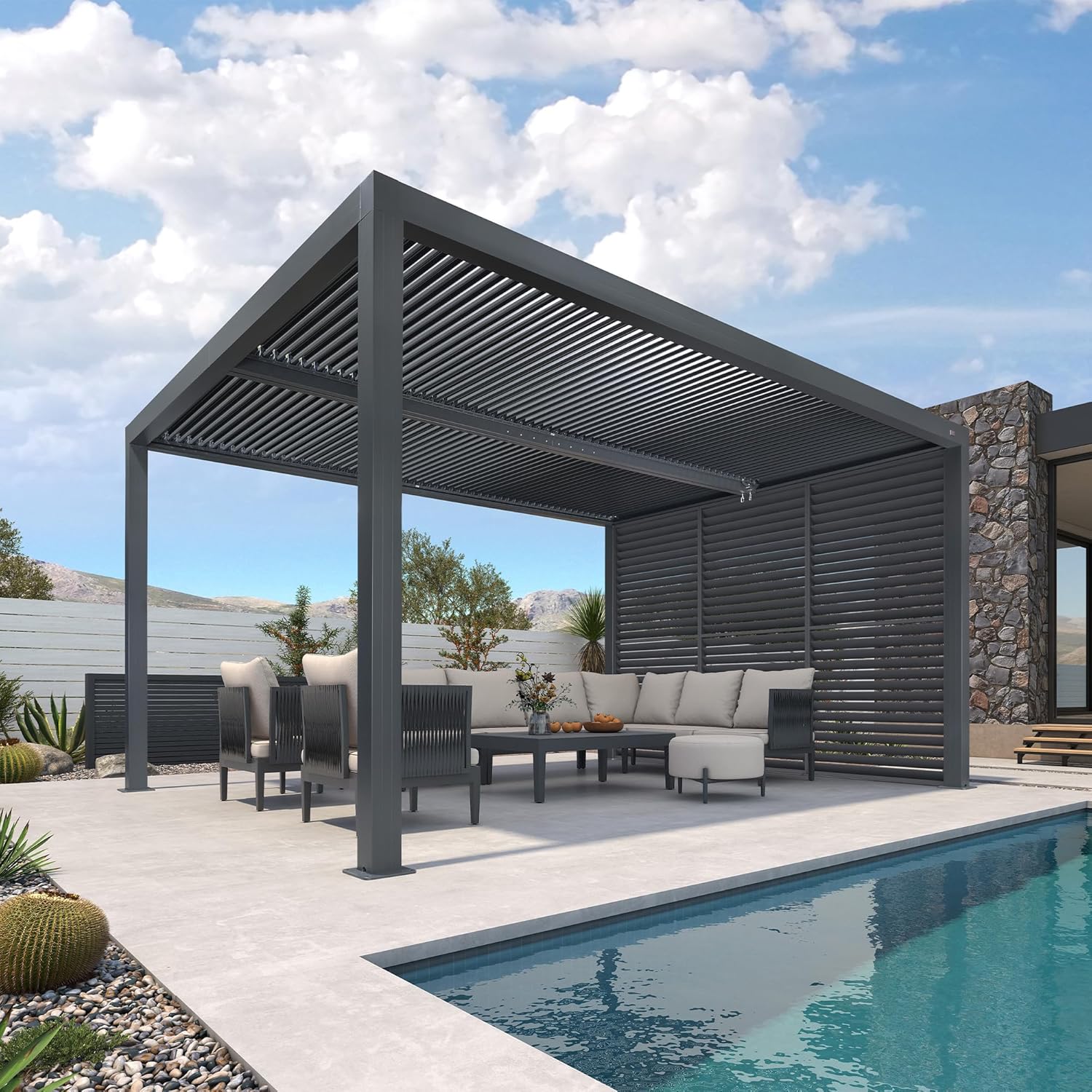 etezen - Pergola bioclimatique 4,6x3,3 m, alu, persiennes fixes