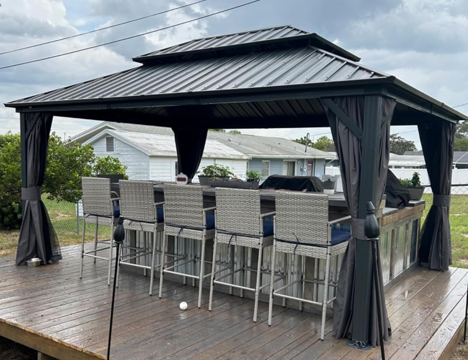 etezen - pergola série double toit - 4,85x3,65 m - alu acier, rideaux, moustiquaire