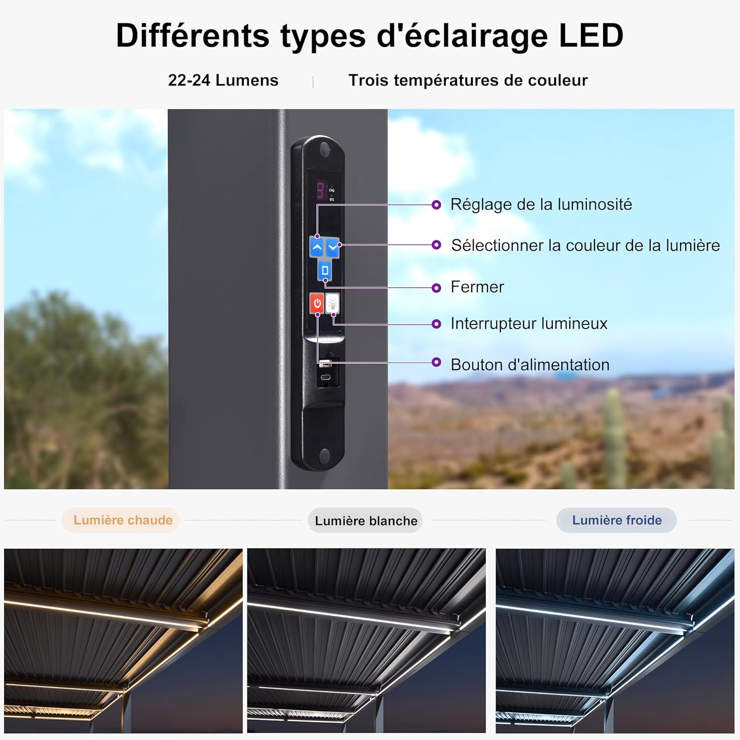 etezen - Pergola bioclimatique - 3,5x8,5m - aluminium, lames LED, étanche