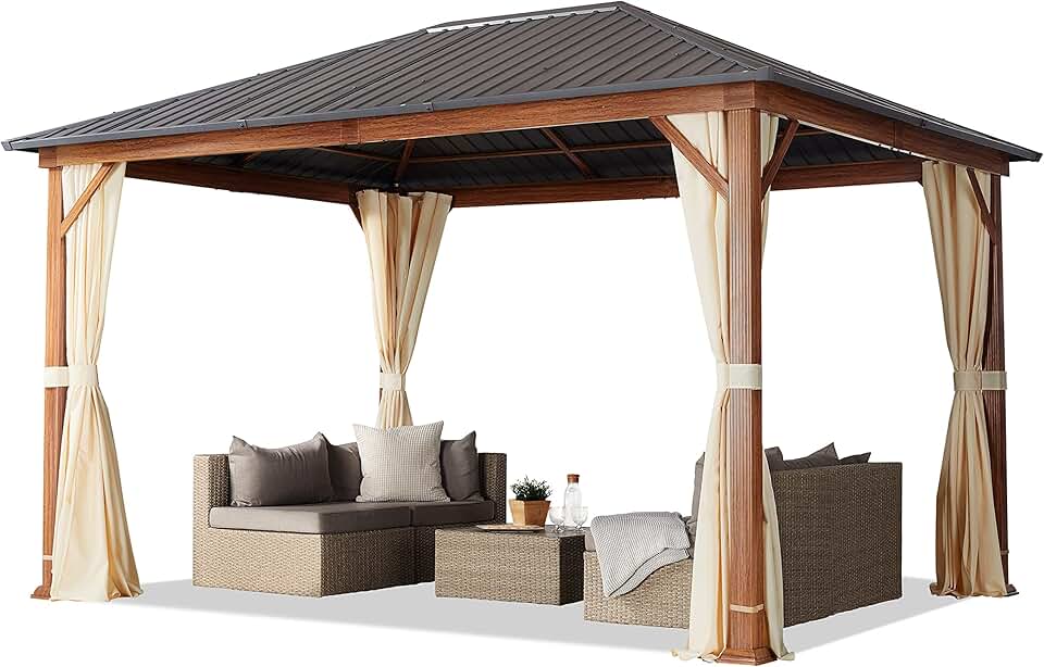 etezen - tonnelle de jardin série aspect bois 3x4m toit acier, 4 parois, champagne