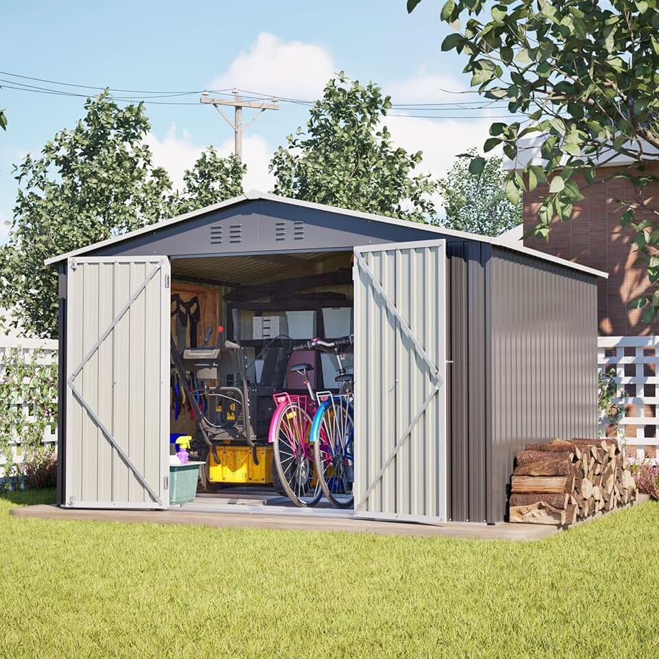 etezen 10x8 FT Abri de Jardin Métal avec Fondations en métal, Cabane de Jardin Extérieur avec Serrure, Rangement Outils de Jardi (Gris-10x8 FT)