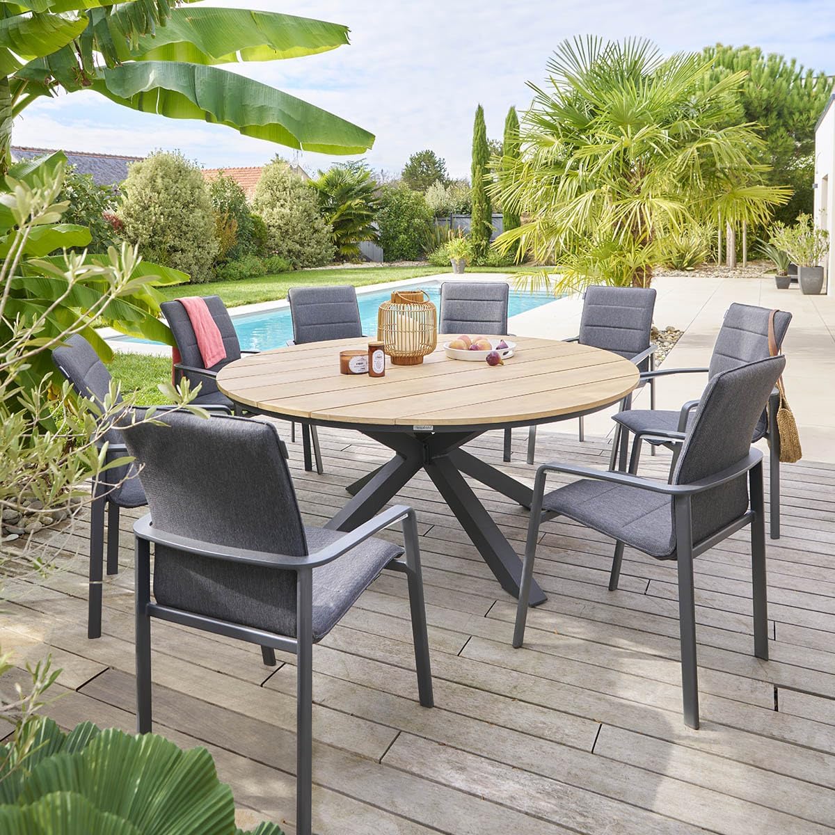 etezen - Oriengo table ronde 8 places - aluminium acacia - Gris Graphite