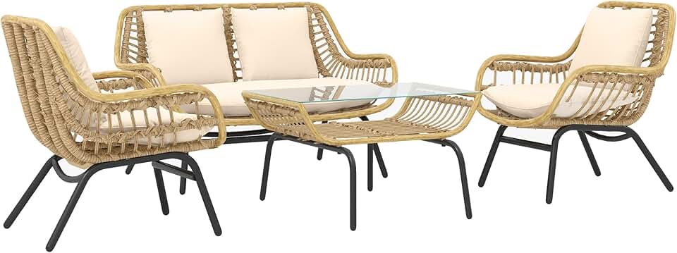 etezen - Salon de jardin exotique 4 places, métal/résine, coussins confort, beige