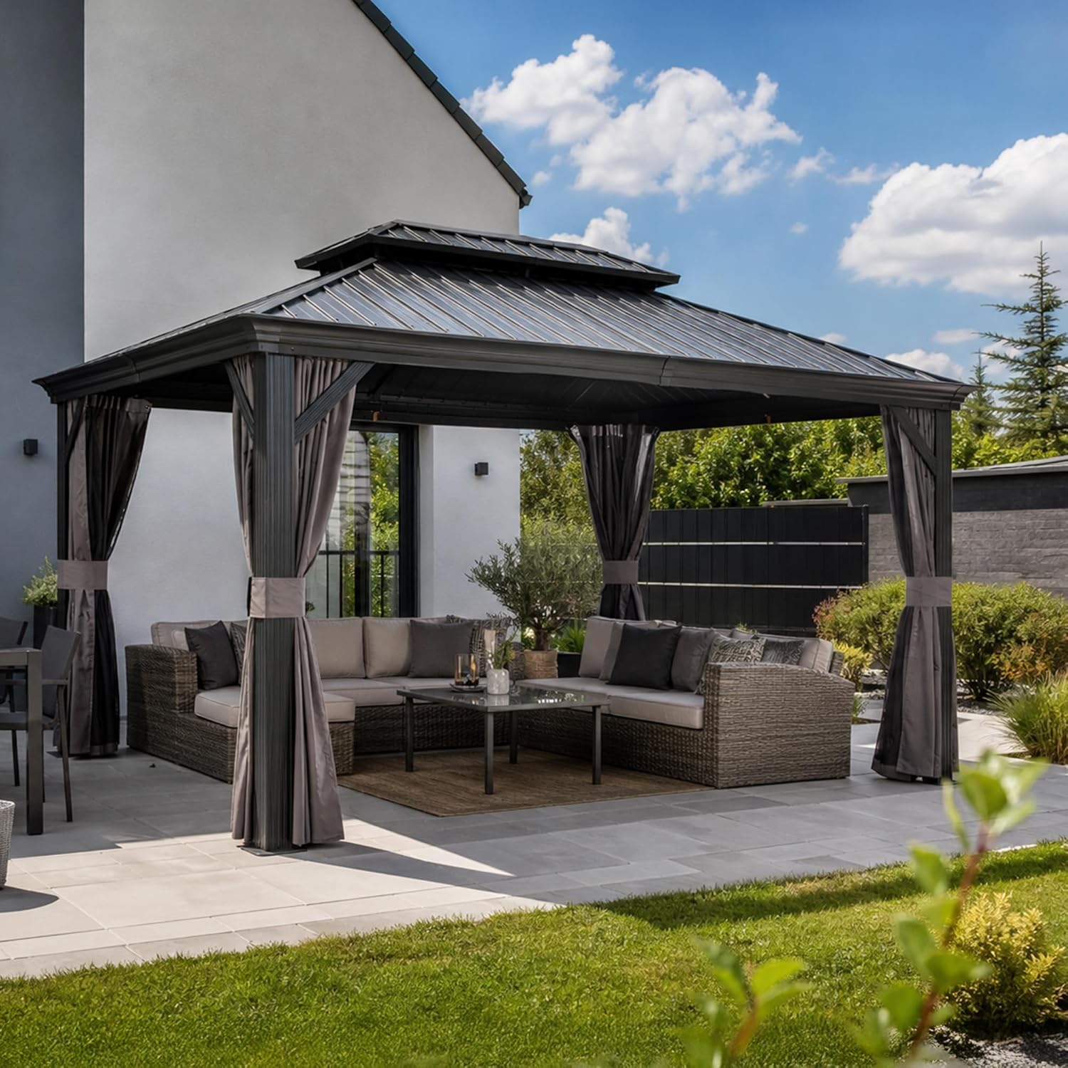 etezen - Tonnelle Jardin 4,25x3 m - acier galvanisé, rideaux épais, gouttière