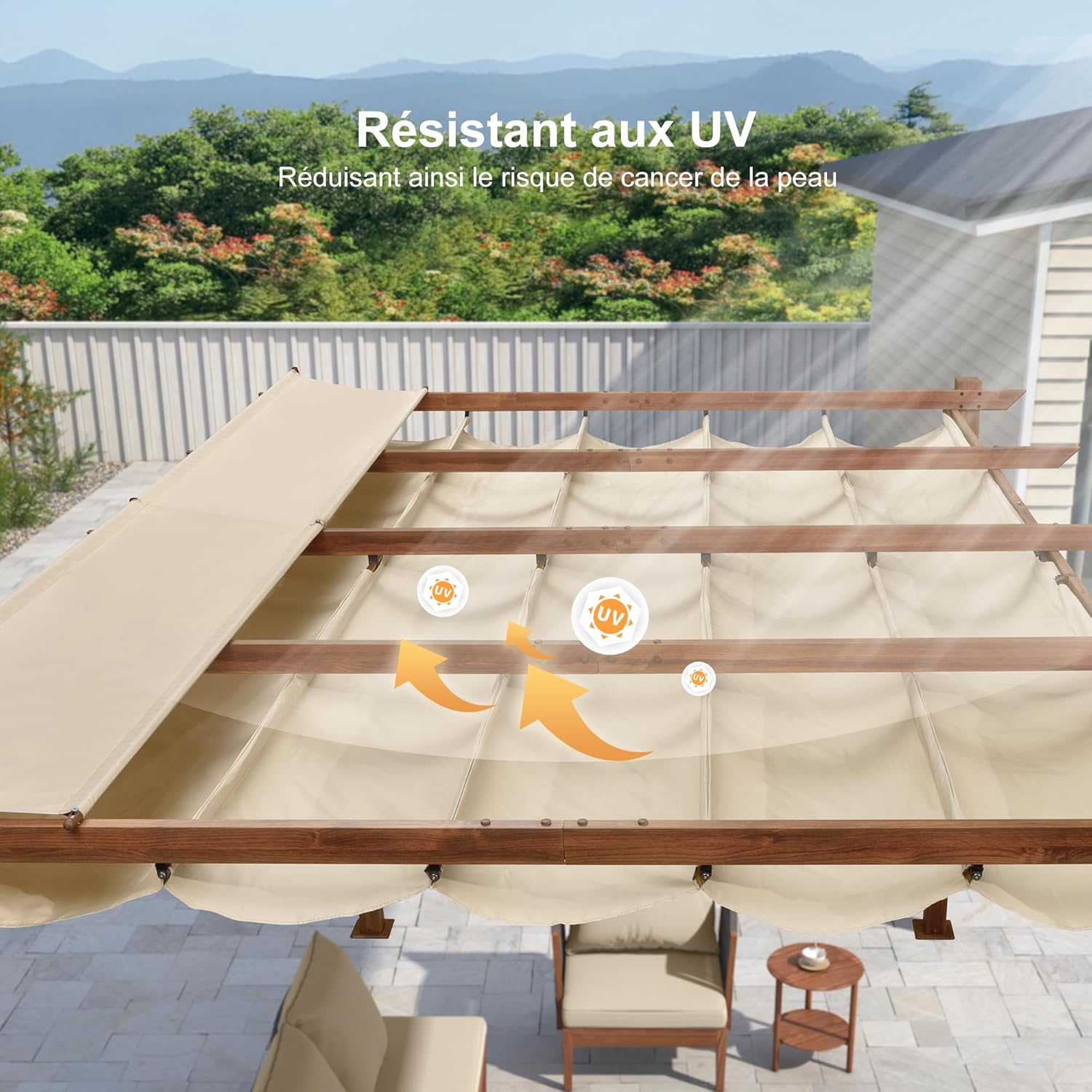 etezen - pergola aluminium 4x3m teck, toile rétractable, kaki