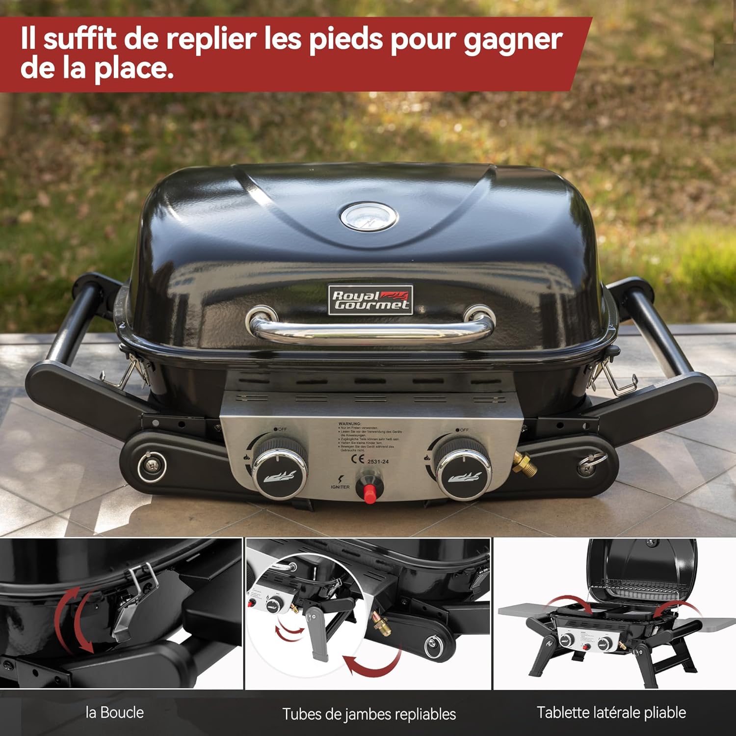 etezen - barbecue gaz portable - 48x37 cm - 2 brûleurs, tables pliantes, chariot détachable, 5kW