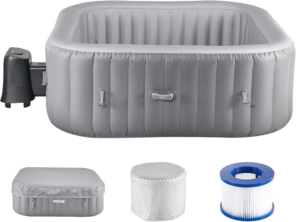 etezen Spa Gonflable Carré Capacité 4-6 Personnes, Bains à Remous d’Extérieur Portable 185x66 cm, avec 130 Jets Apaisants, Filtre, Couverture et Tapis, en PVC, Panneau de Commande Multifonction, Gris