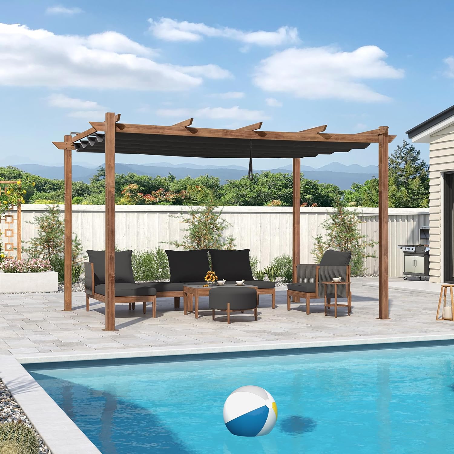 etezen - Pergola aluminium - 4x3m - toile rétractable, teck, imperméable